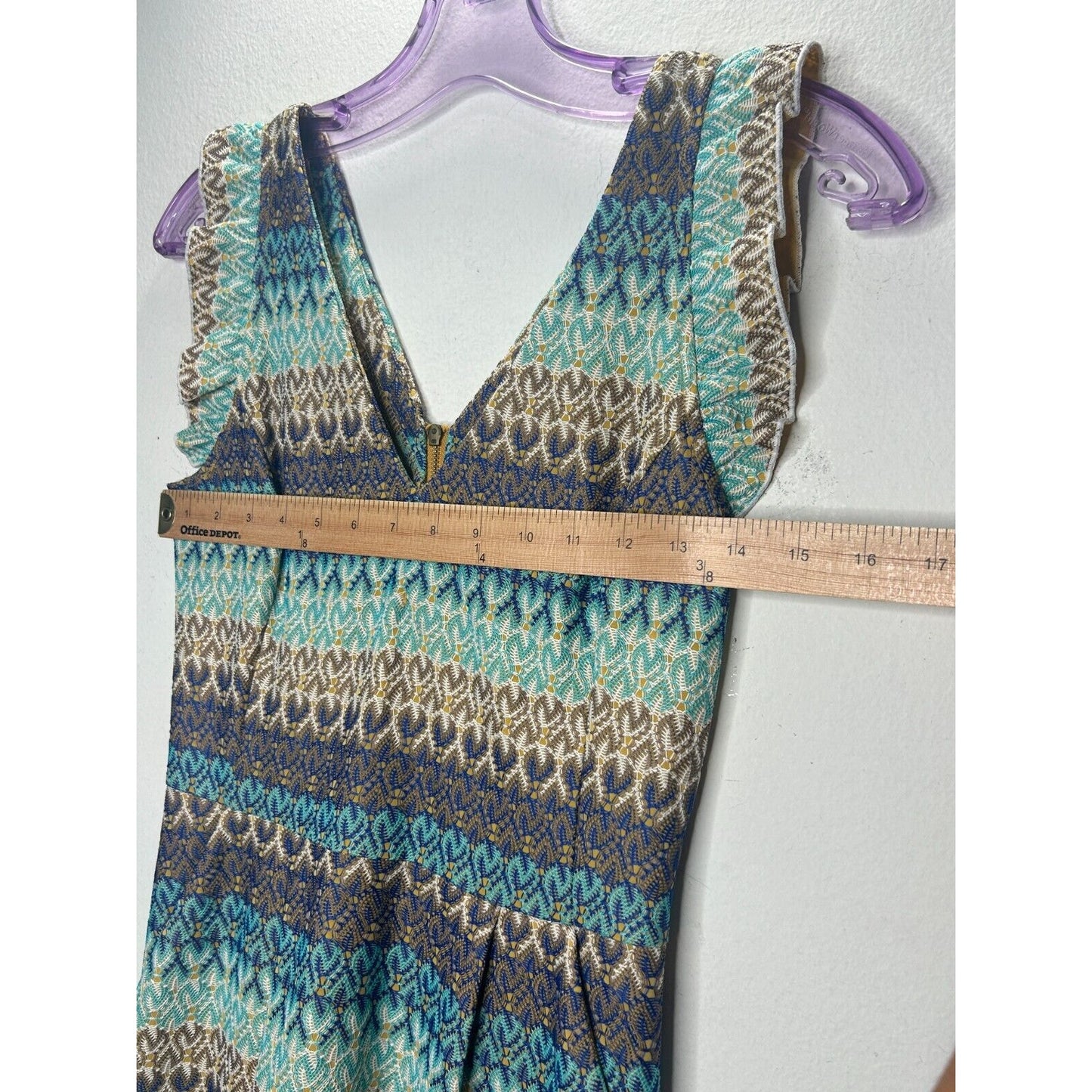 Tabitha Teal Brown Blue Cream Crochet Stripe V-Neck Ruffle Cap Sleeve Mini Dress