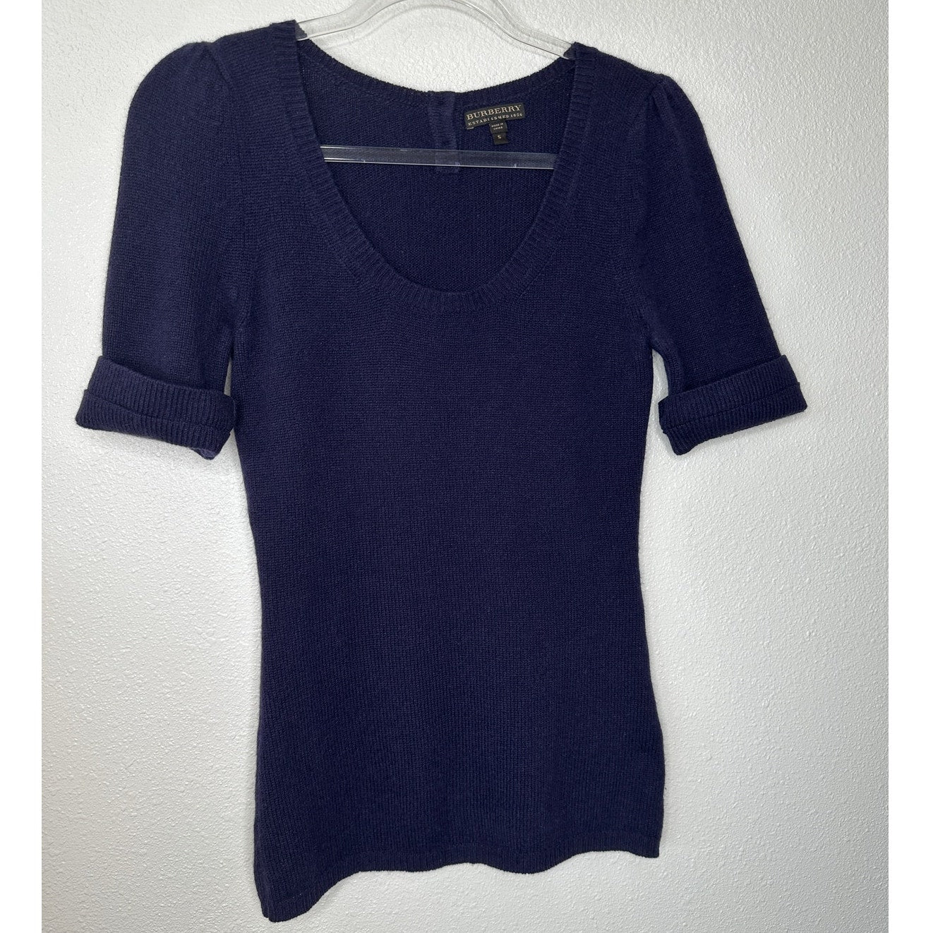Burberry Dark Purple Round Neck Short Cuffed Sleeves Button Neck Sweater S