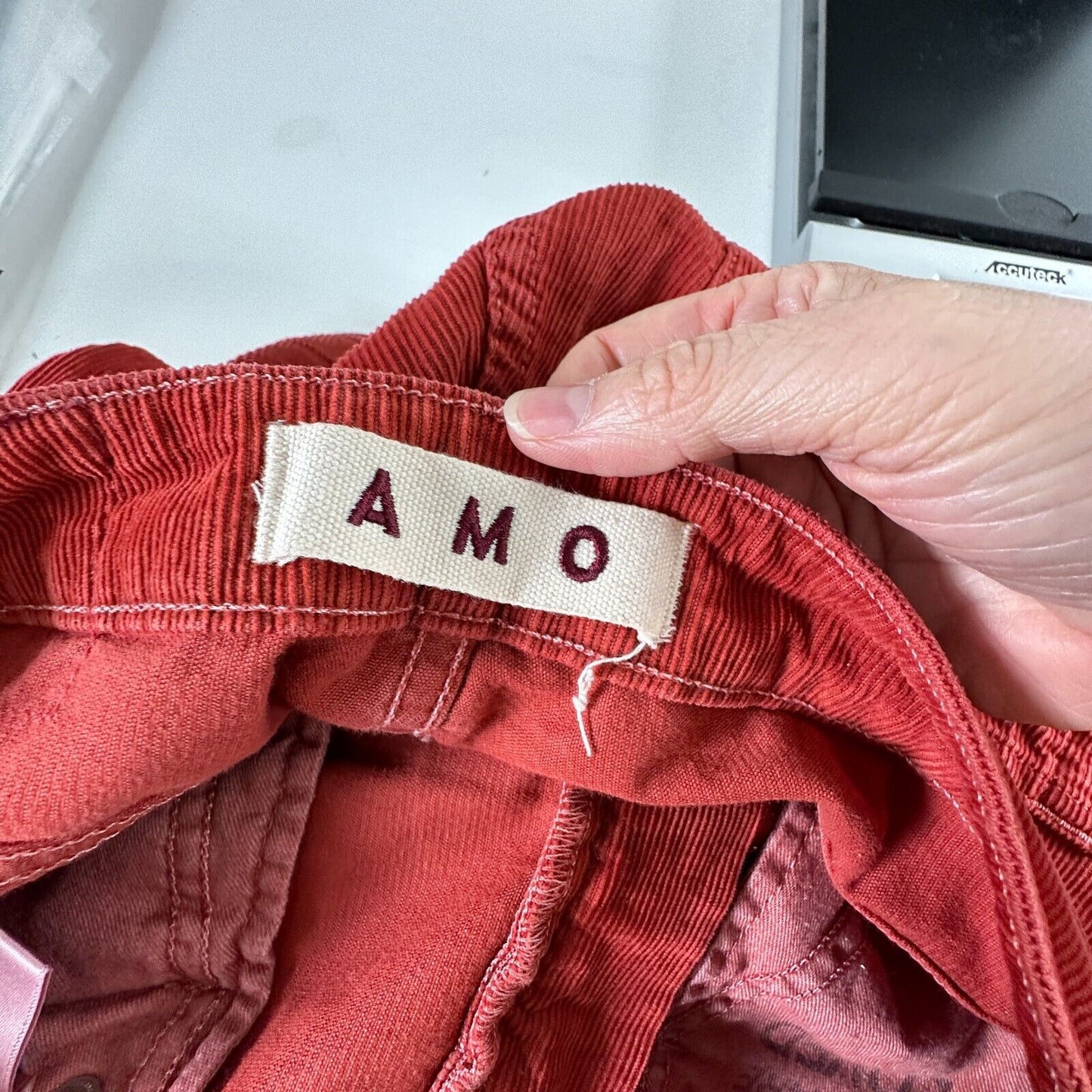 AMO The Chloe Rust Red Corduroy Straight Leg Crop Pant Trousers Washed Red 26
