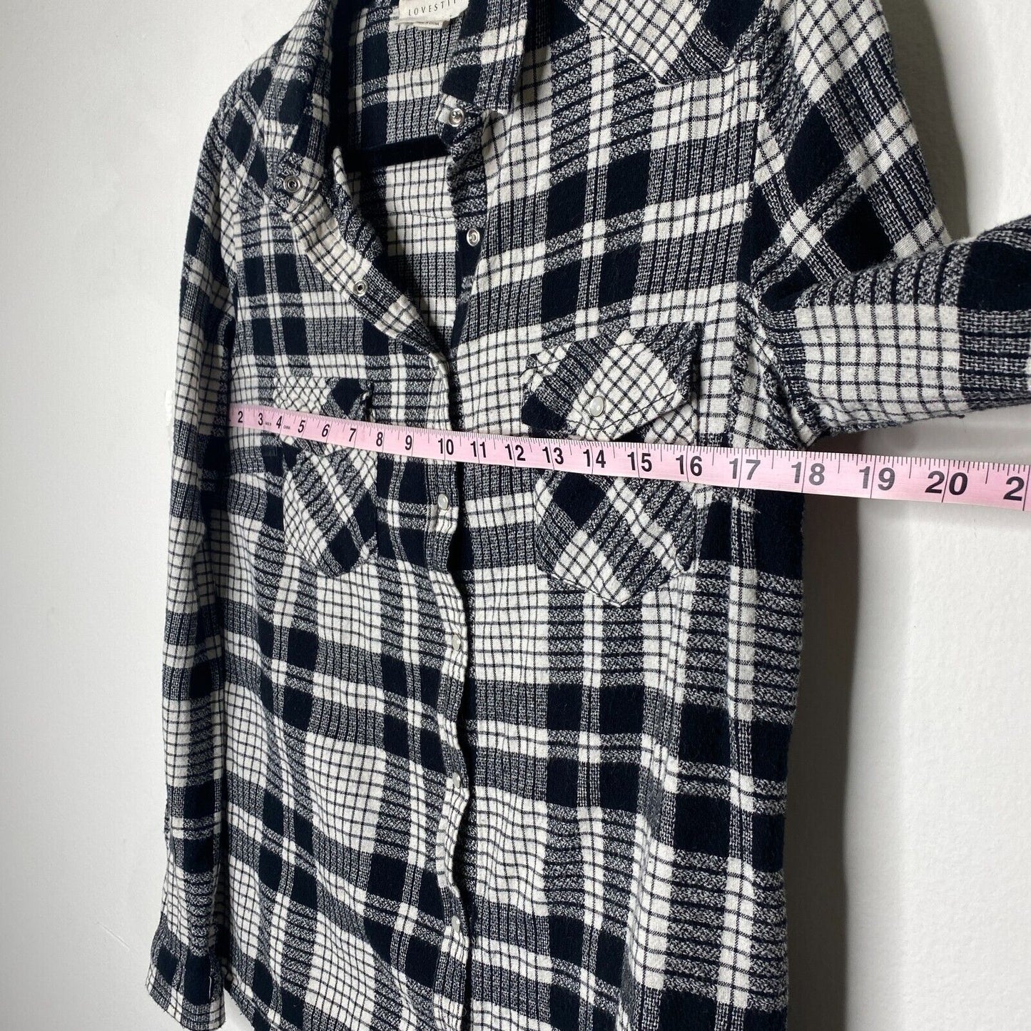 Lovestitch Long Sleeve Pocketed Black White Plaid Button Up Flannel Shirt S