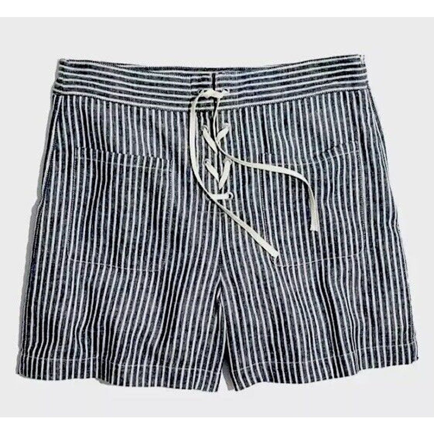 Madewell Jean Blue Off White Striped High Waist Patch Pockets Lace-Up Shorts 4