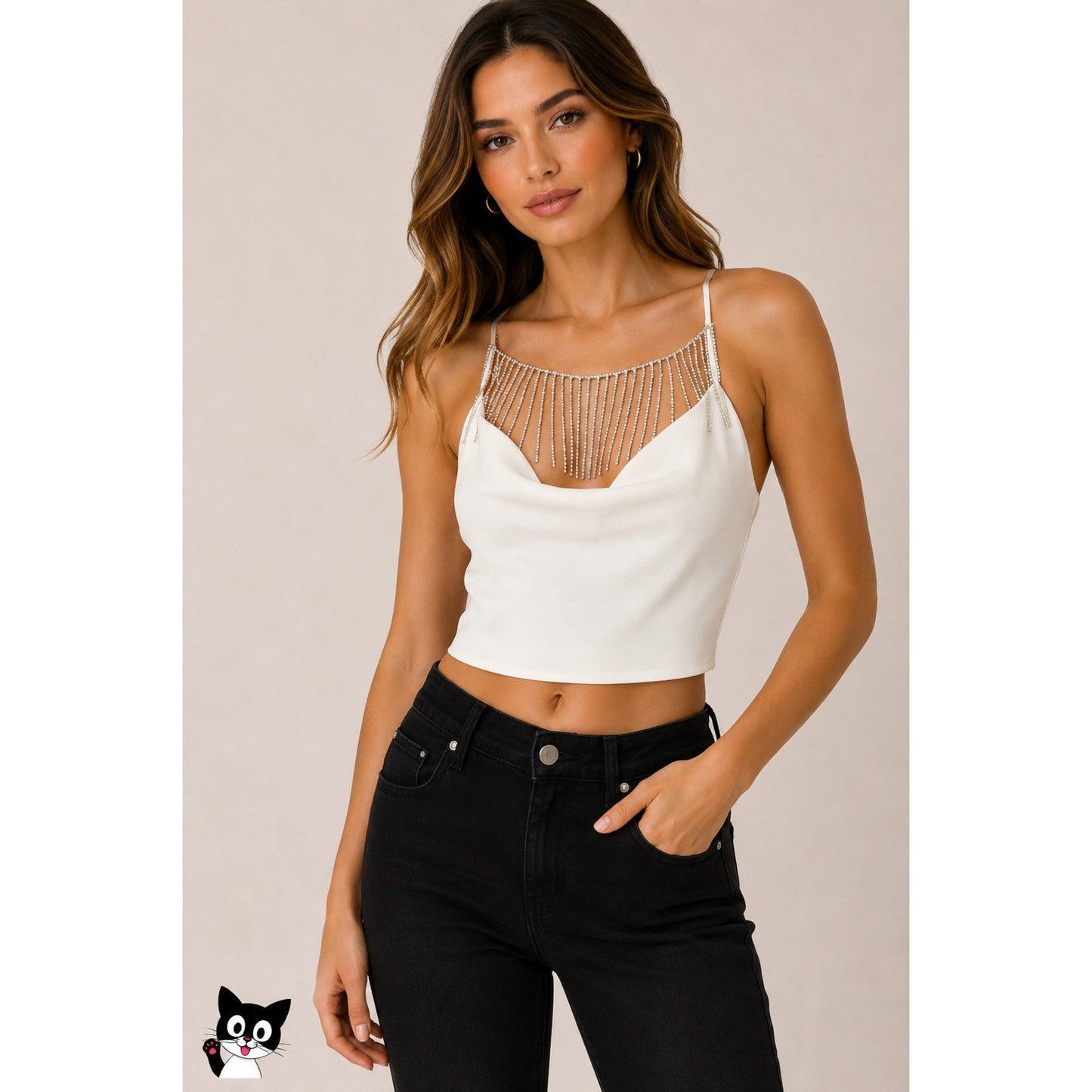 Nicholas Rhinestone Fringe Cowl Neck Ivory Crop Top – Women’s M