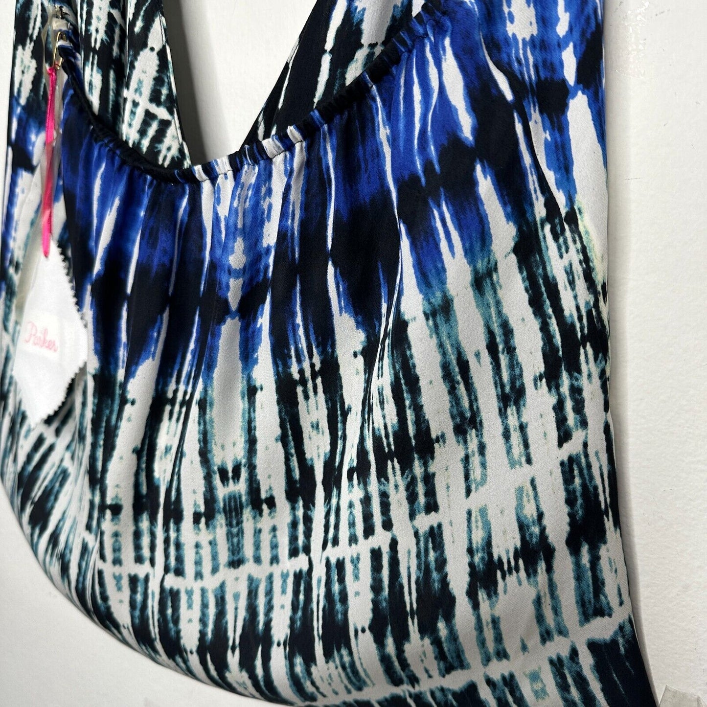 Parker Blue White Black Wales Tie Dye 100% Silk Wrap Halter Top Button VNeck L