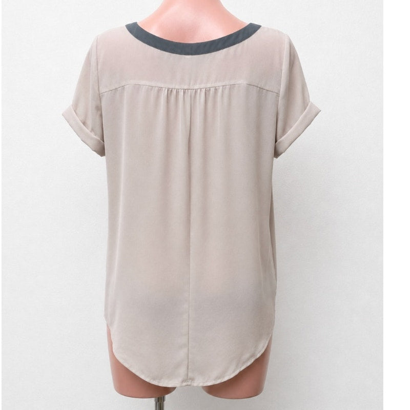 Loft Pinky Beige & Gray Collar Top Gathered Back Detail Cuffed Short Sleeves XSP