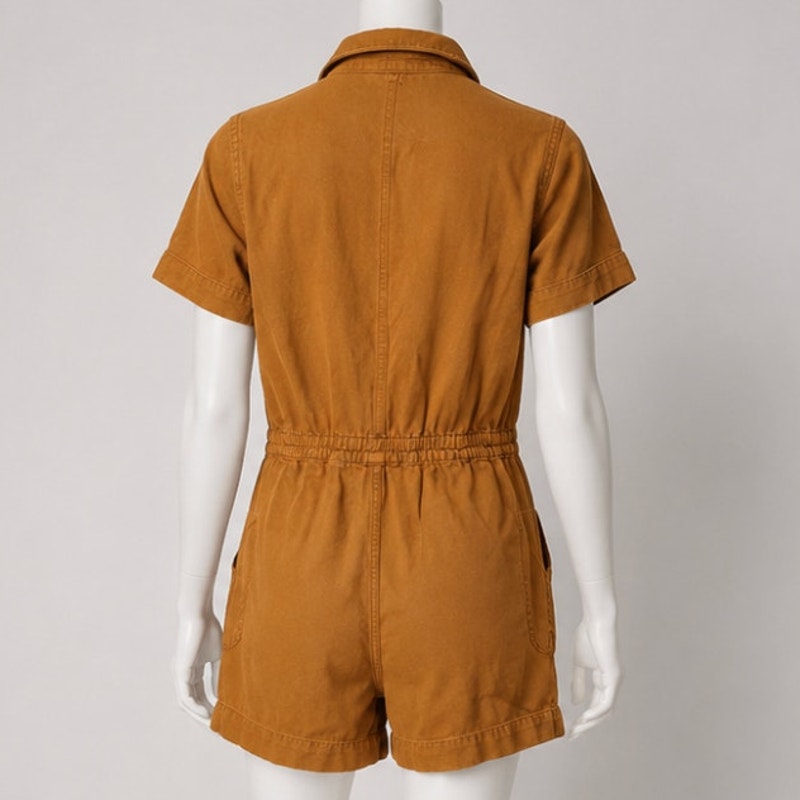Everlane The Denim Short Coverall Organic Cotton Brown Rust Romper 6