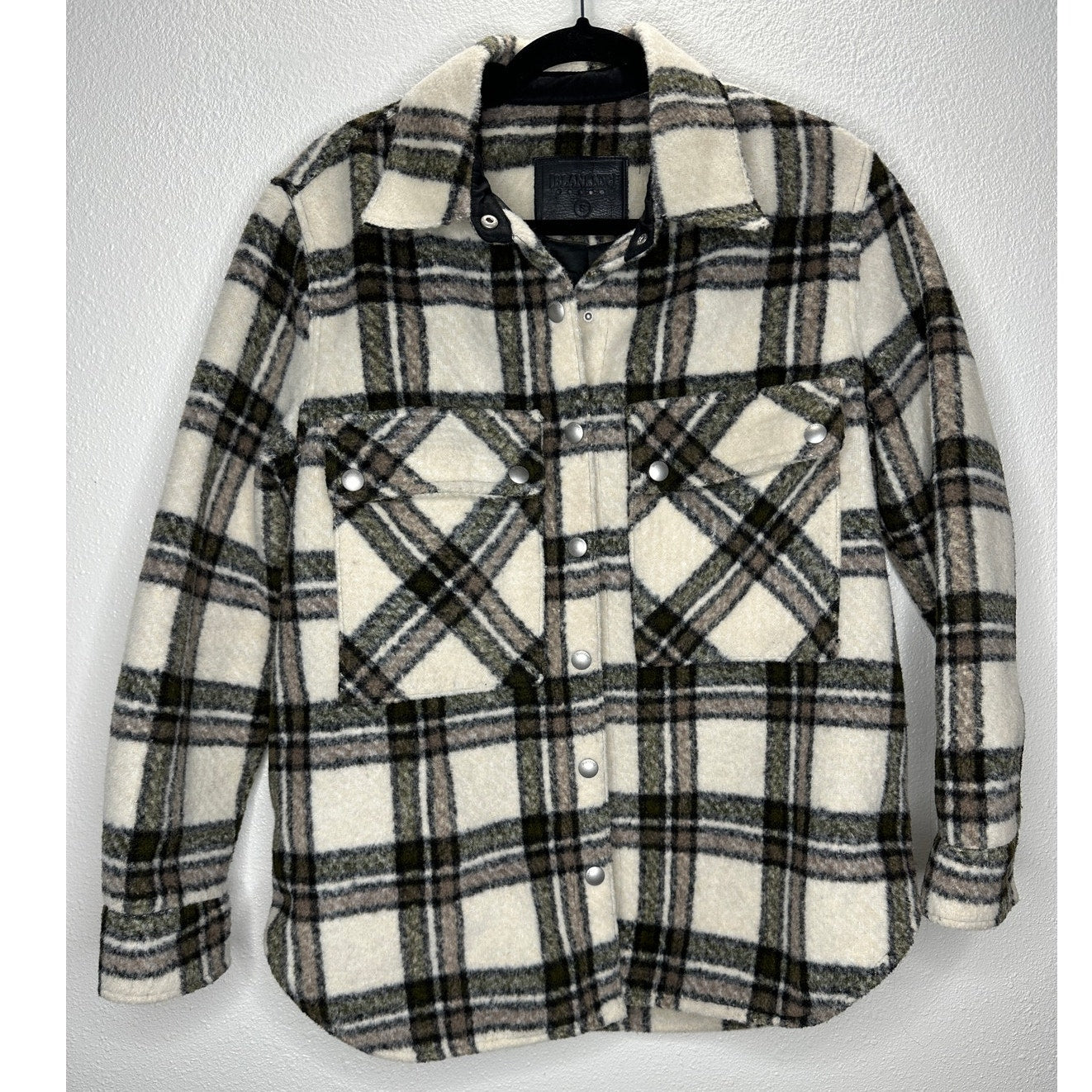 Blank NYC Cream Brown Plaid Snap Button Collared Shacket S