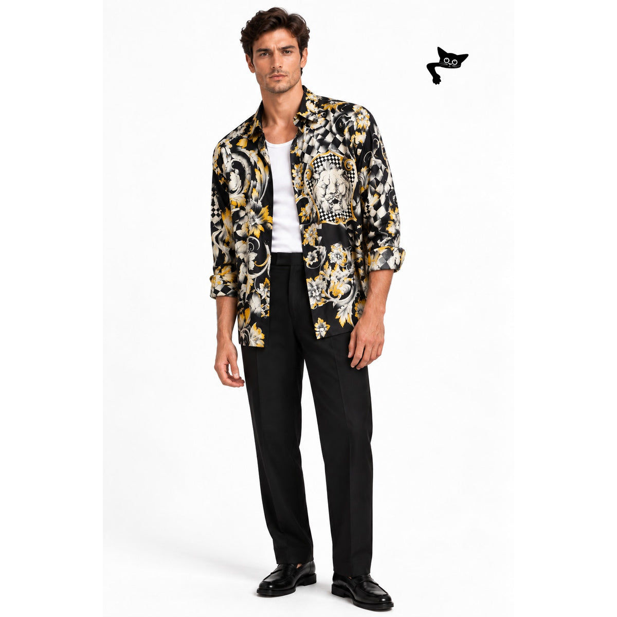Vintage Gianni Versace Il Leone Barocco Lion Silk Shirt Black Yellow Men's XL