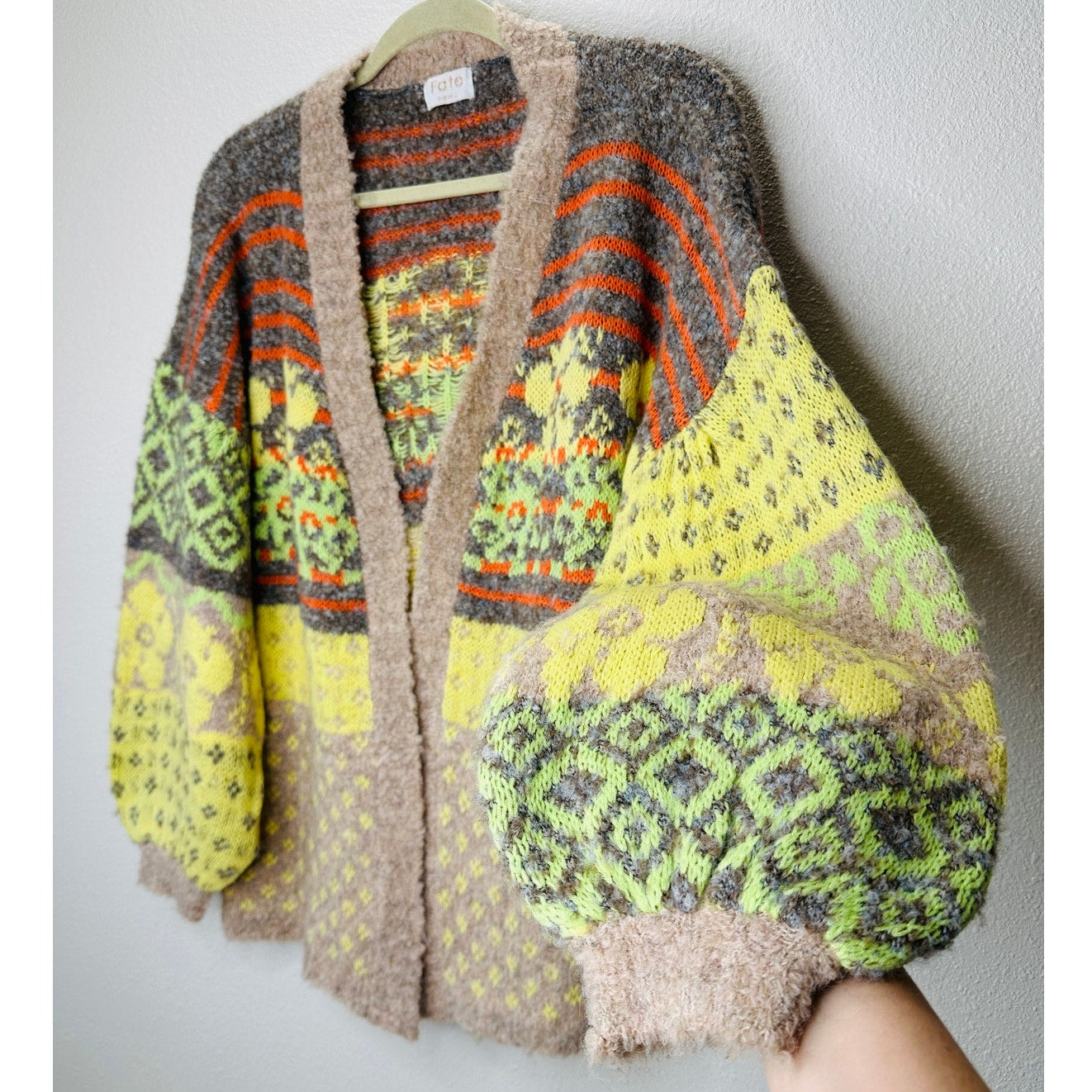 Fate Yellow Tan Gray Multi Floral & Stripe Print Open Front Cardigan XS