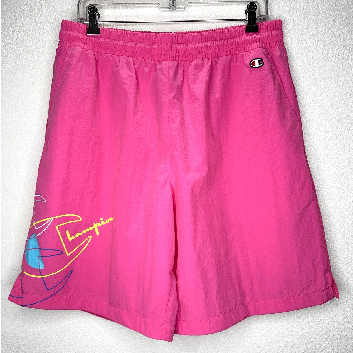 Champion Pink Lightweight Crinkle Nylon Lined Shorts Color Pop Logo L