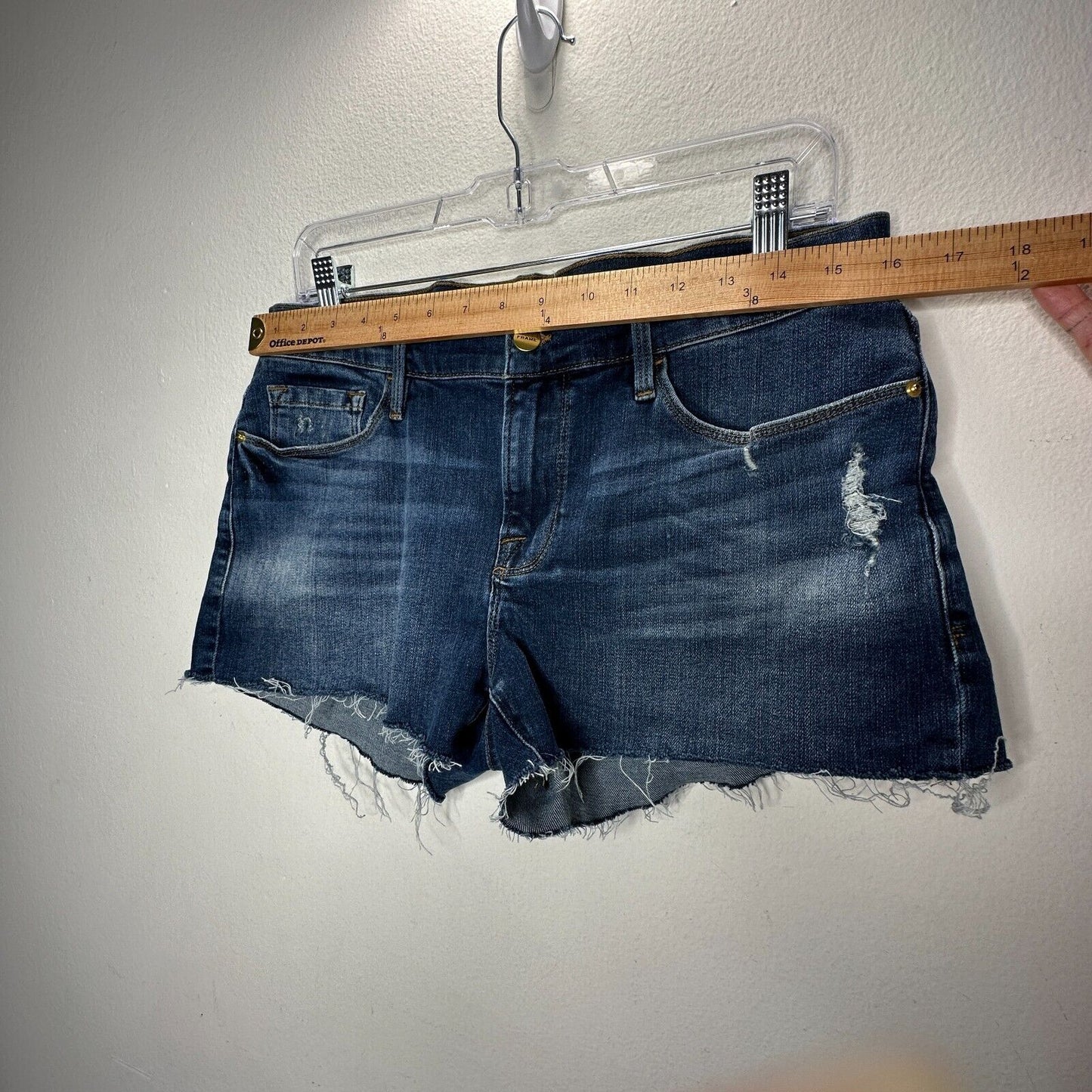 Frame Le Cut Off Azure Jean Shorts Raw Edge Frayed Hem Fading & Whiskering 28