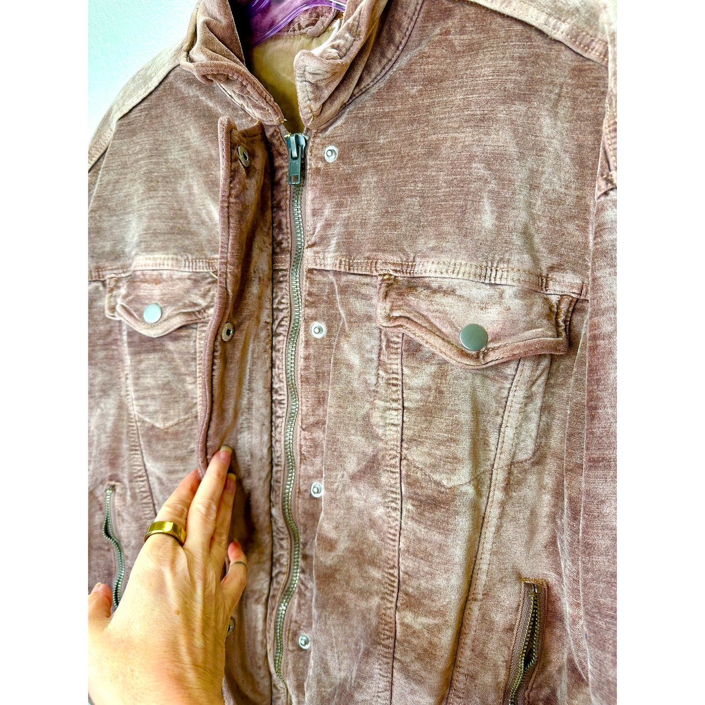 Free People Mauve Velvet Front Zip Trucker Bomber Jacket XS / S