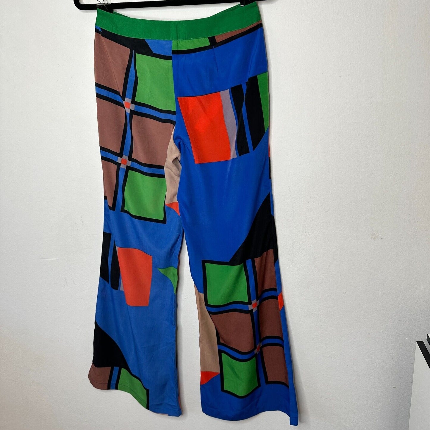 Jealous Tomato Bright Blue Green & Tan Abstract Design Palazzo Pants Front Zip M