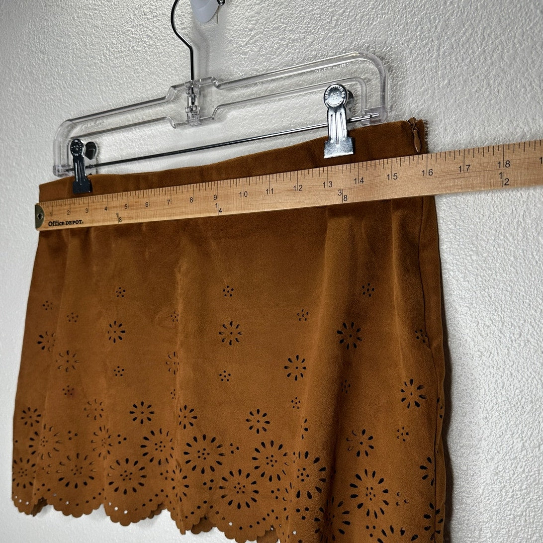 Zara Rust Brown Faux Suede Laser Cut Scalloped Hem Skirt L