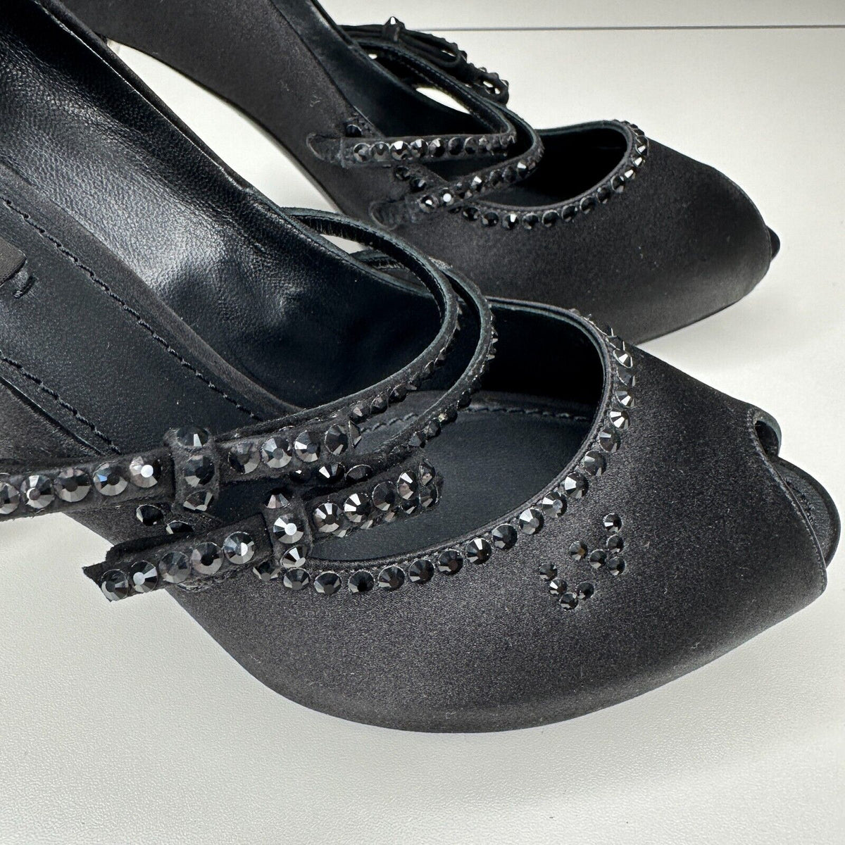 Louis Vuitton Vintage Black Satin Open Toe Crystal Strap Embellished Pumps 37.5