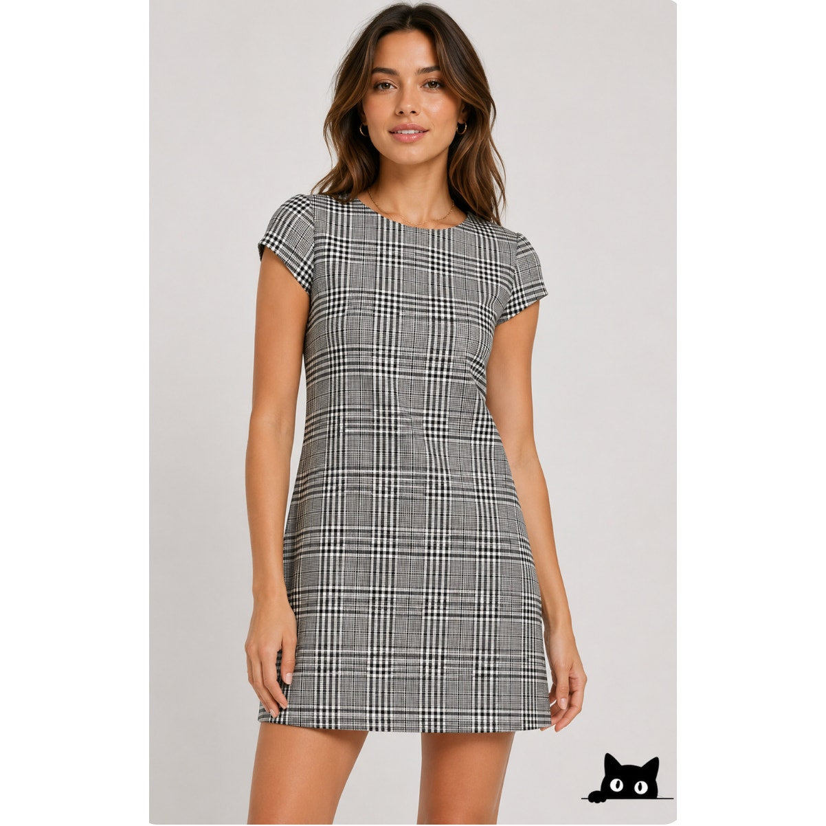 Zara Cute Gingham Plaid Shift Dress Short Sleeve Small Black and White Small