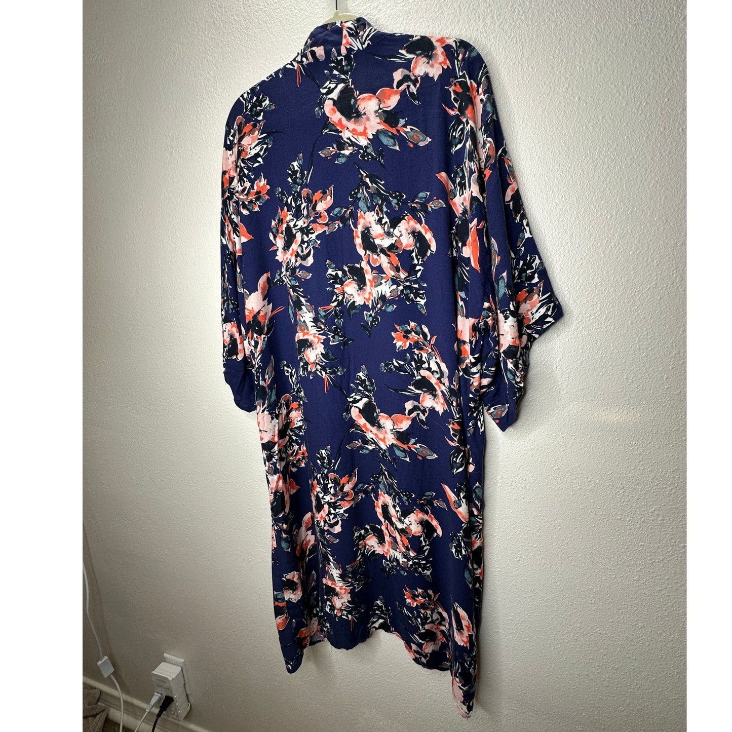 Splendid Navy Orange Ivory Multi Floral Short Sleeve Kimono Duster S