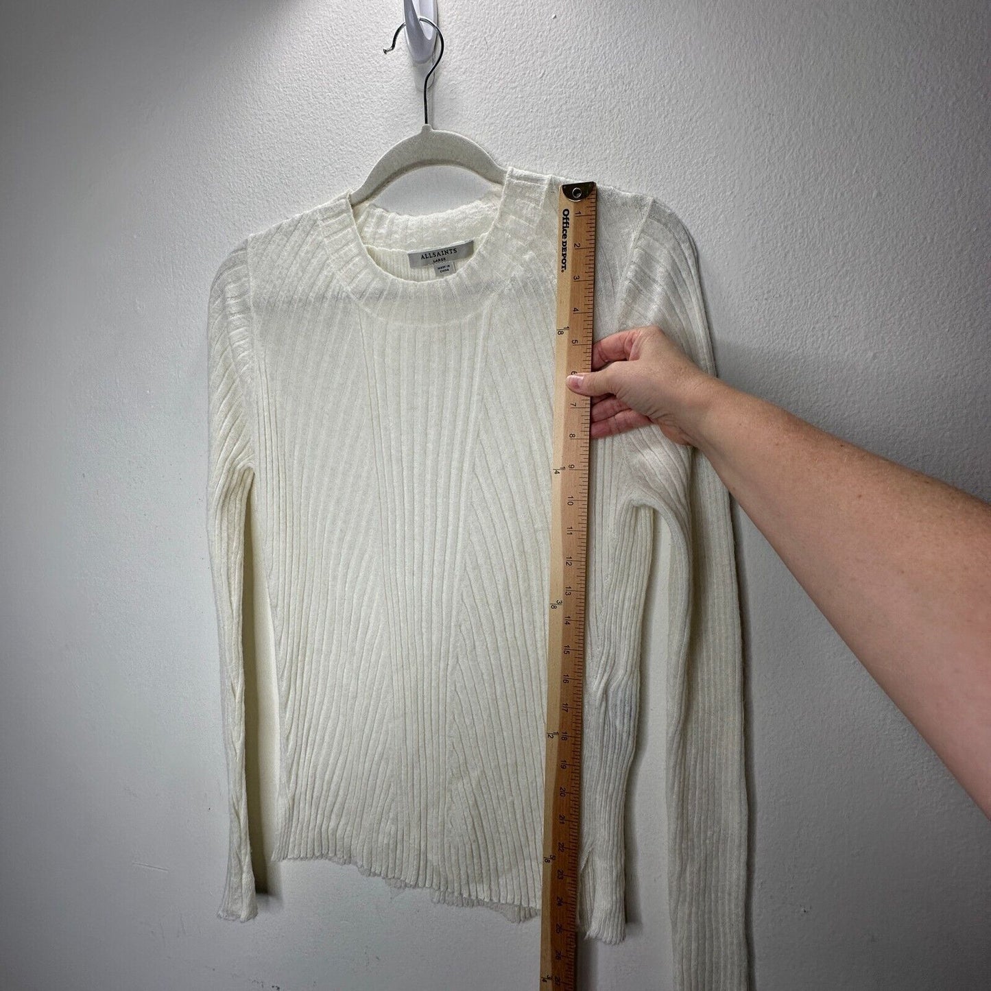 Allsaints Cream Ribbed Design Long Sleeve Round Neck Thin Light Sweater L