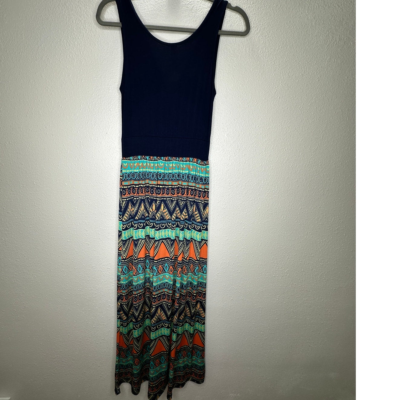 Gilli Navy Blue Teal Orange Multi Print Faux Wrap V-Neck Sleeveless Maxi Dress M