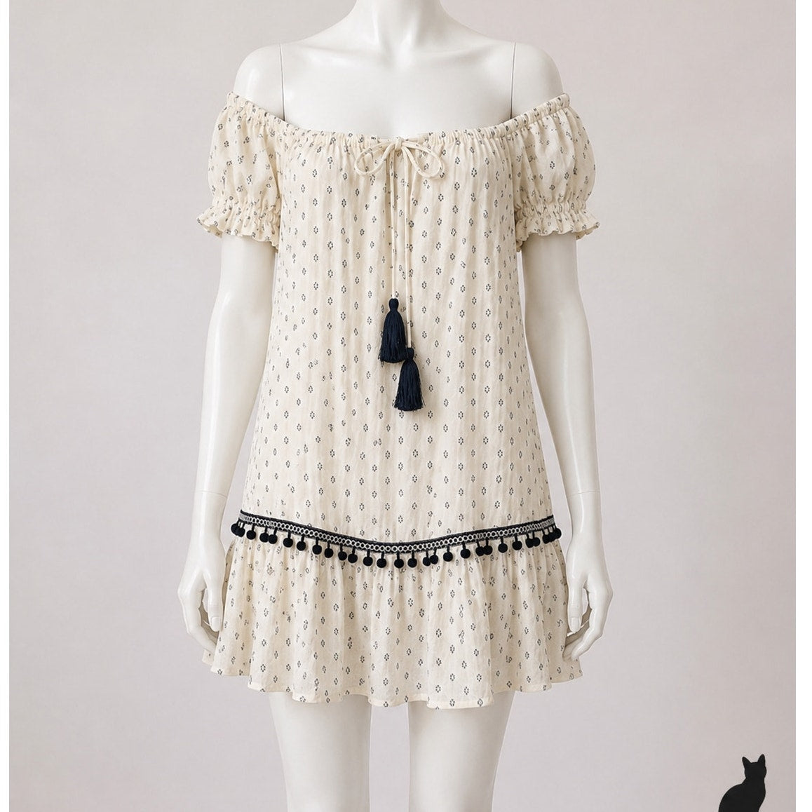 Minkpink Off-Shoulder Common Ground Cream Black Ruffle Mini Dress Pom Tassel XS