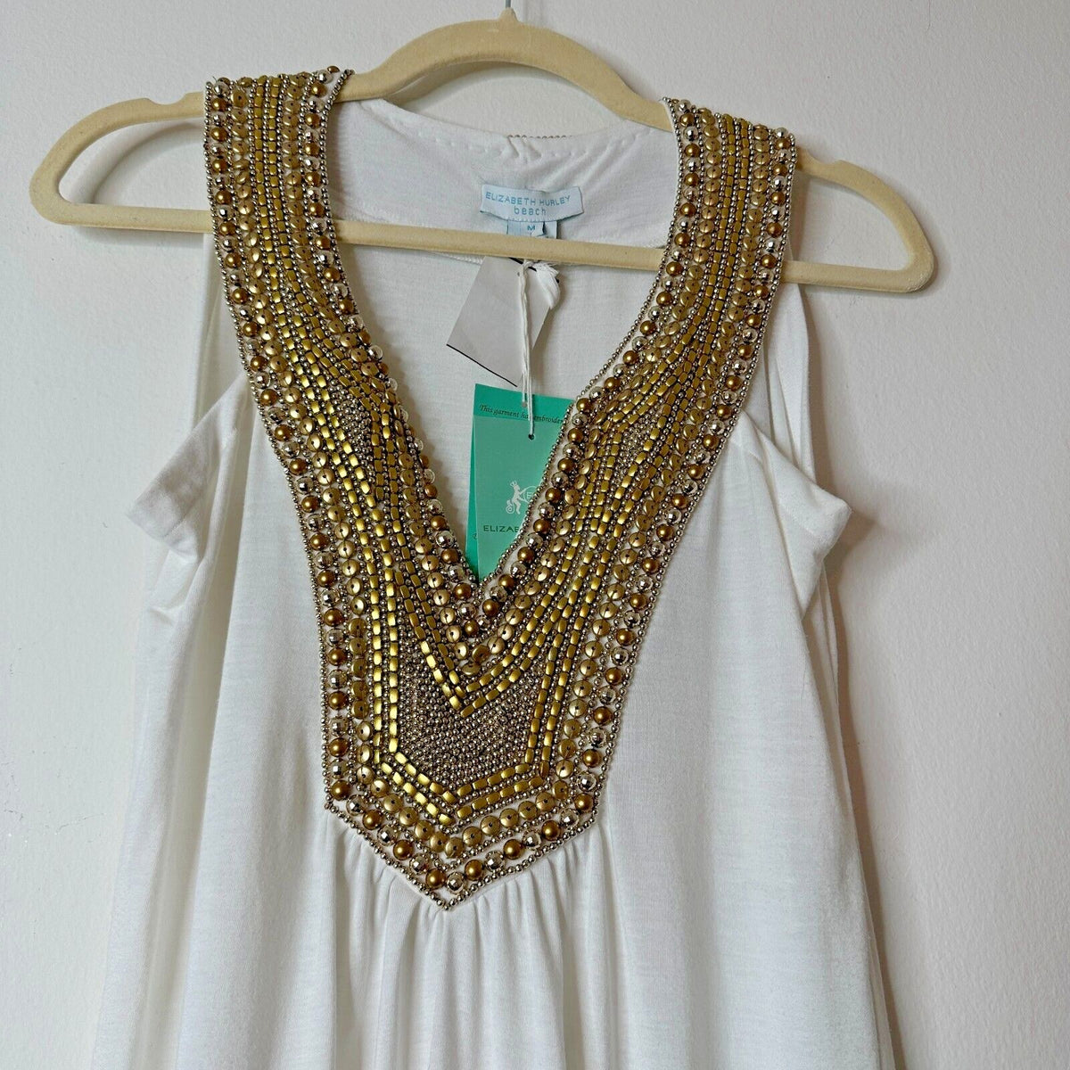 NWT Elizabeth Hurley Beach White Jemima Maxi Gold Embellished Bead Neckline Med
