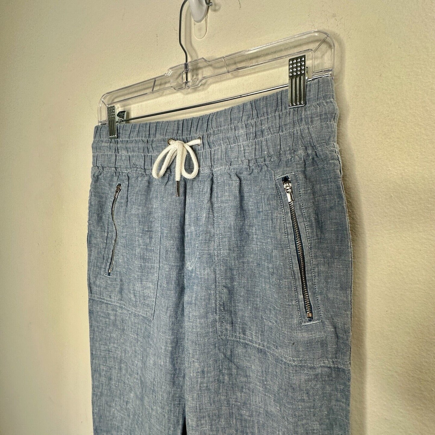 Athleta Chambray Blue Cabo Casual Linen Jogger Pant Tie Waist Front Zip 4