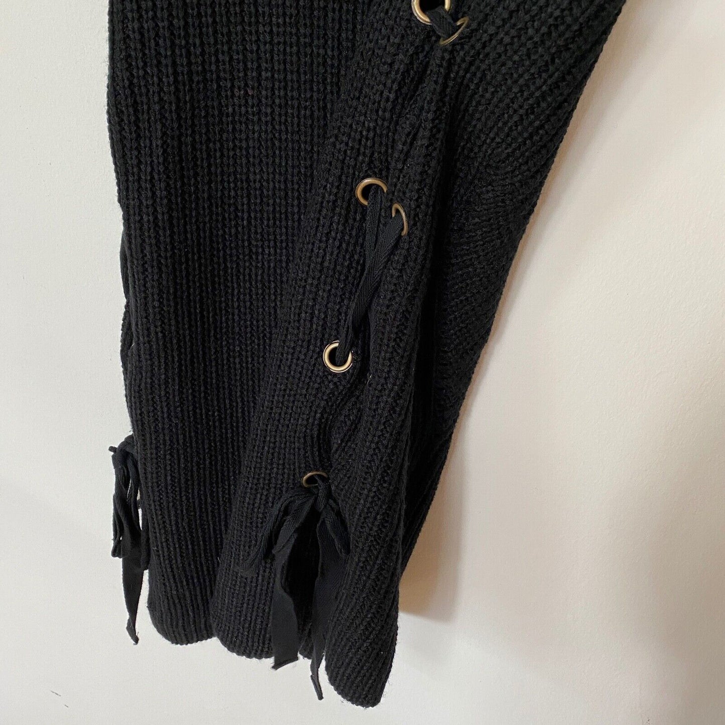 Monteau Black Sleeveless Ribbed Sweater Mini Dress Side Grommet Tie-Lace Up S