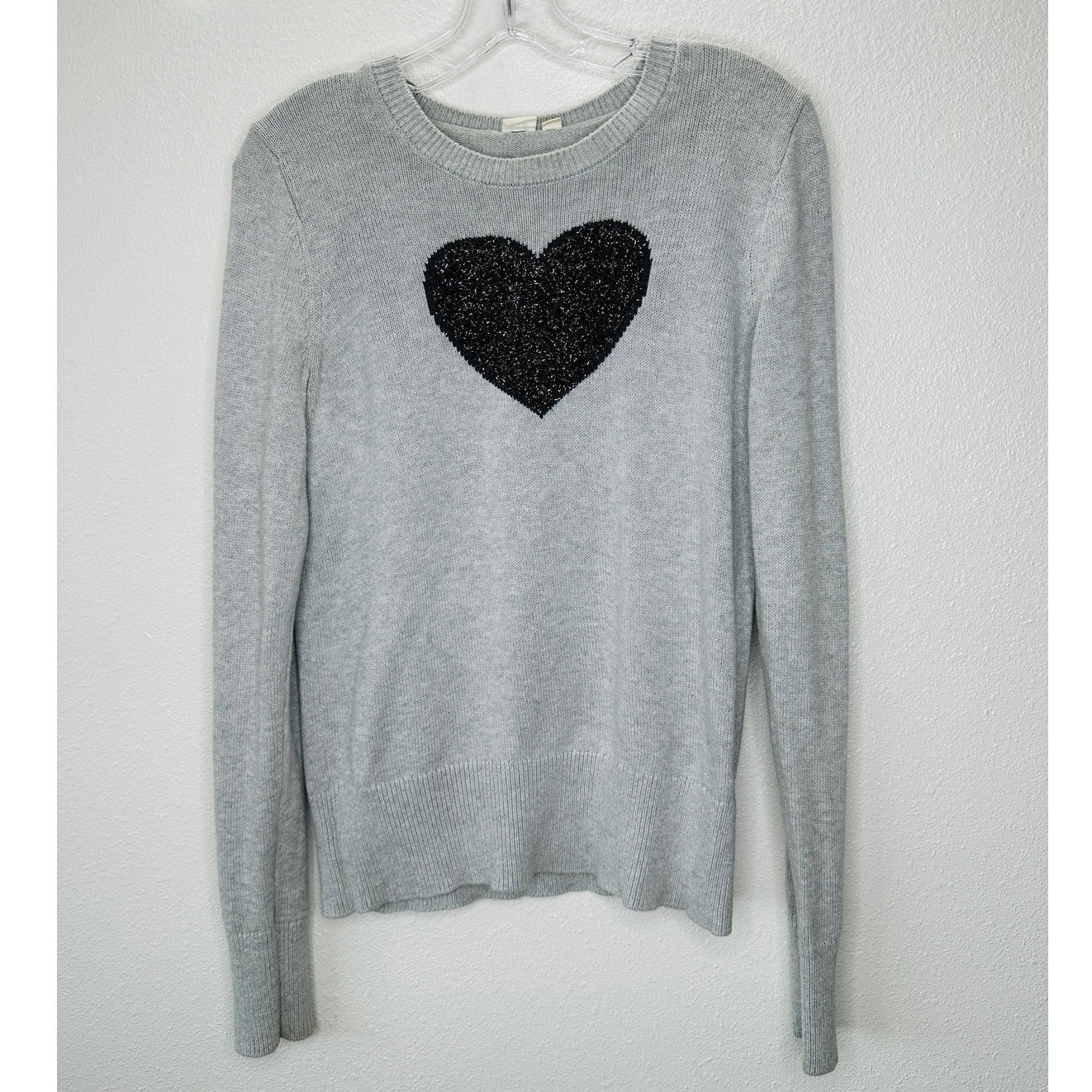 Gap Light Gray Metallic Heart Intarsia Crewneck Pullover Long Sleeve Sweater S