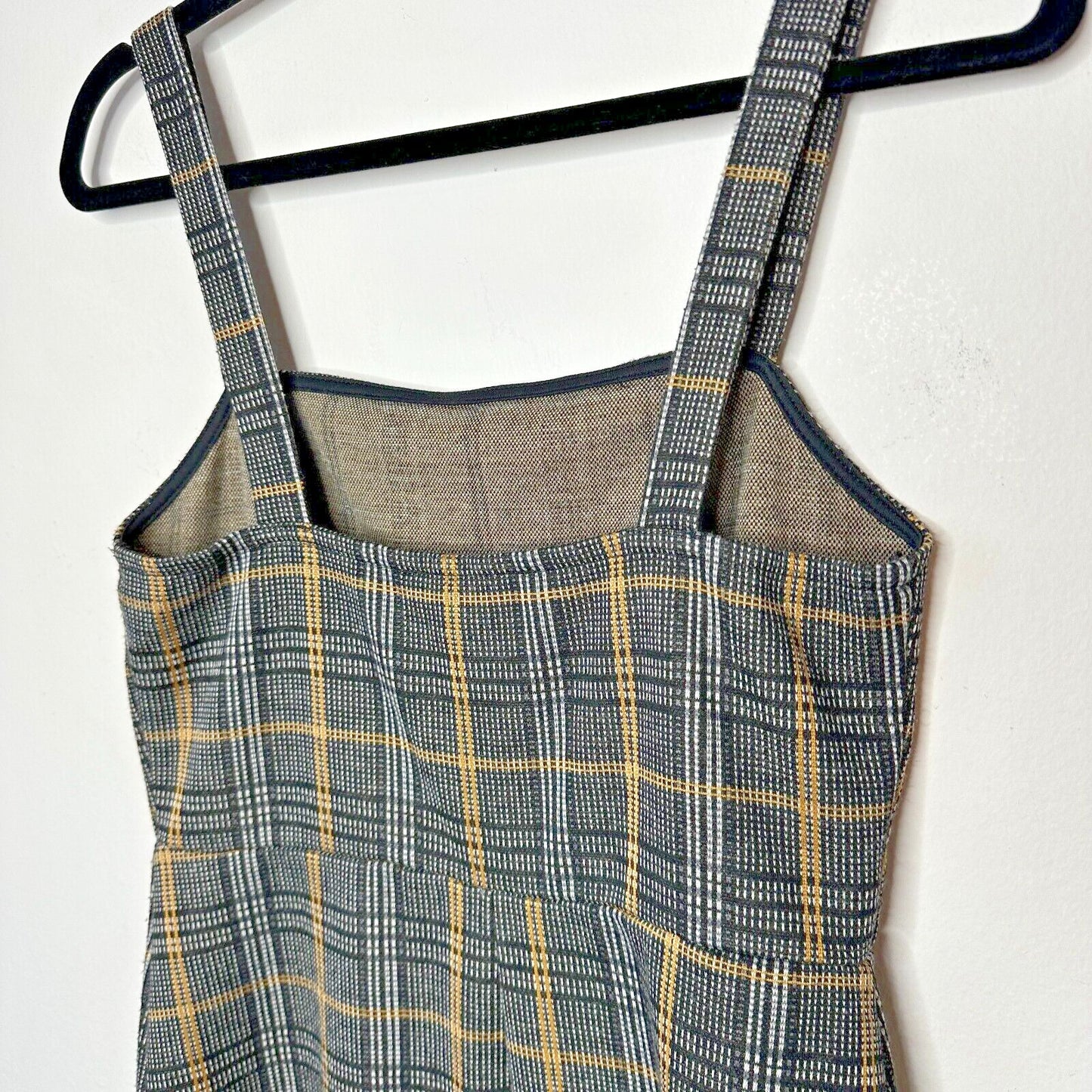 Cute Gold Gray White Black Plaid Sleeveless Knit Jumper Overall Mini Dress Med
