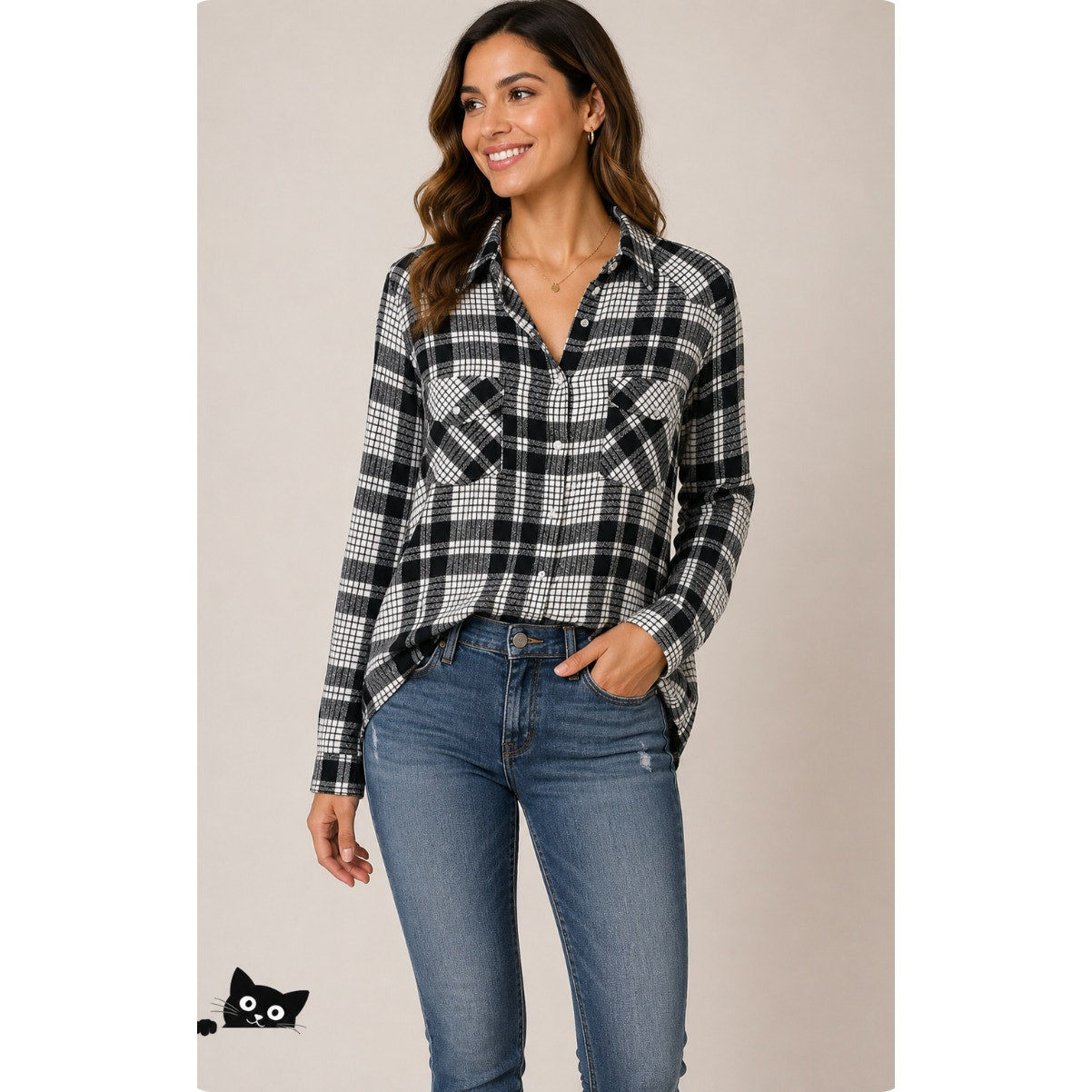 Lovestitch Long Sleeve Pocketed Black White Plaid Button Up Flannel Shirt S