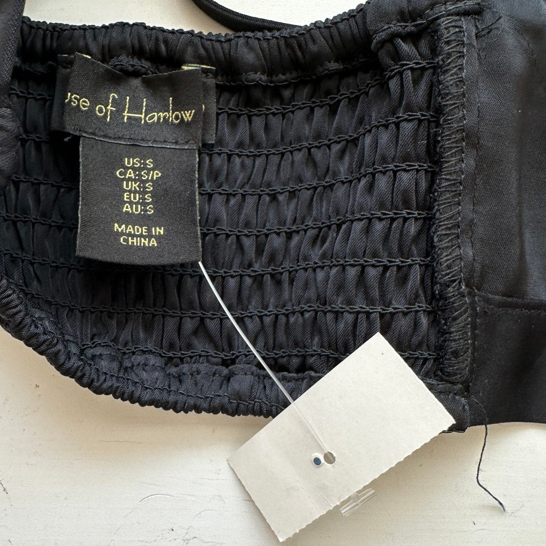 NWT House of Harlow 1960 Black Satin Smocked Back Bralette S