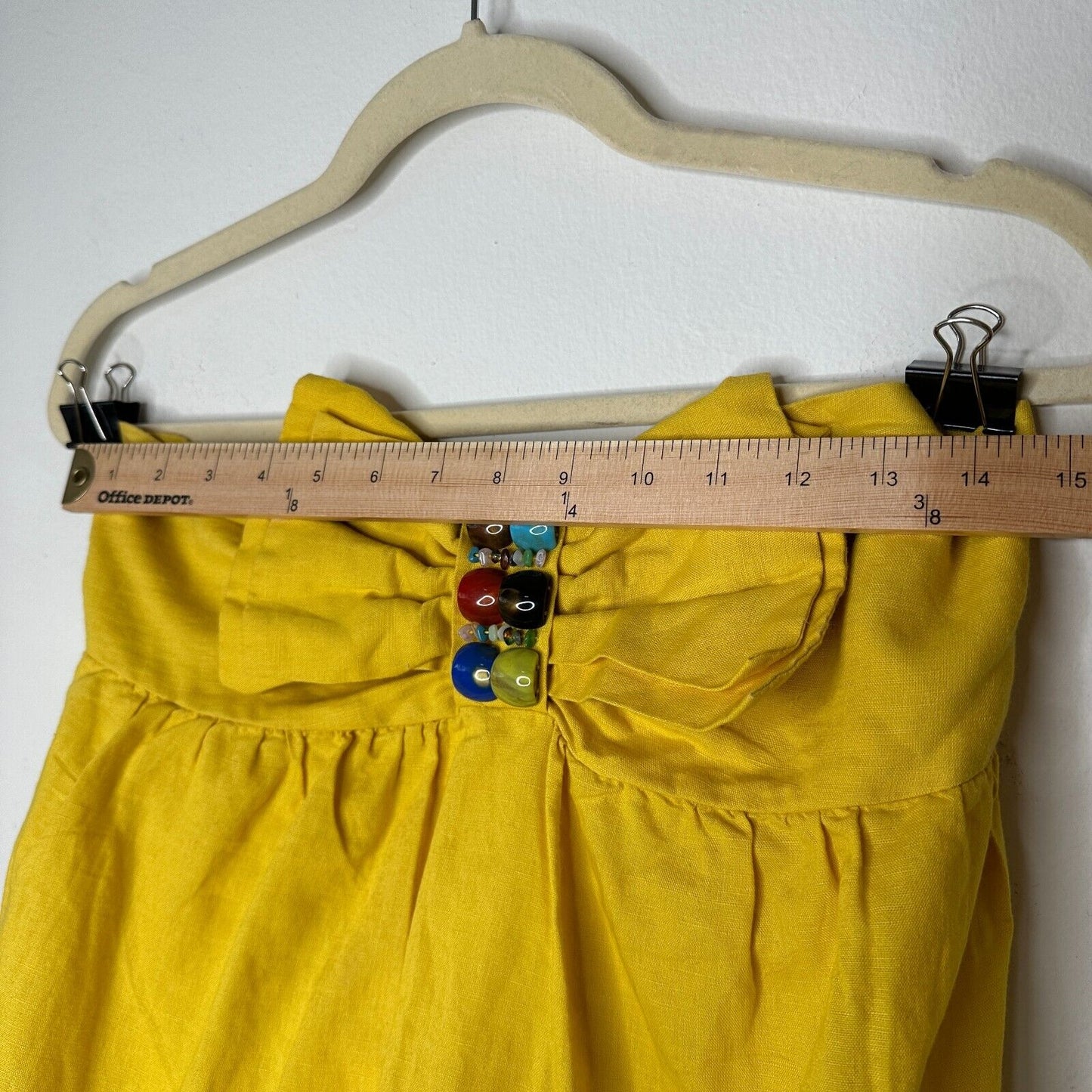 Yellow Linen Sleeveless Blouson Blouse Mini Dress Bead Bow Tie Front S