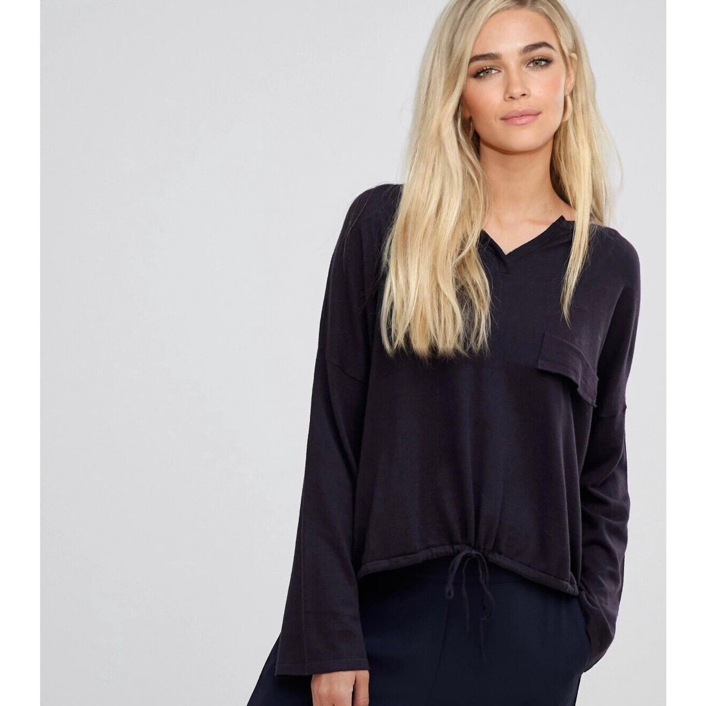 French Connection Drawstring Hem Silk Blend Long Sleeve VNeck Navy Sweater L