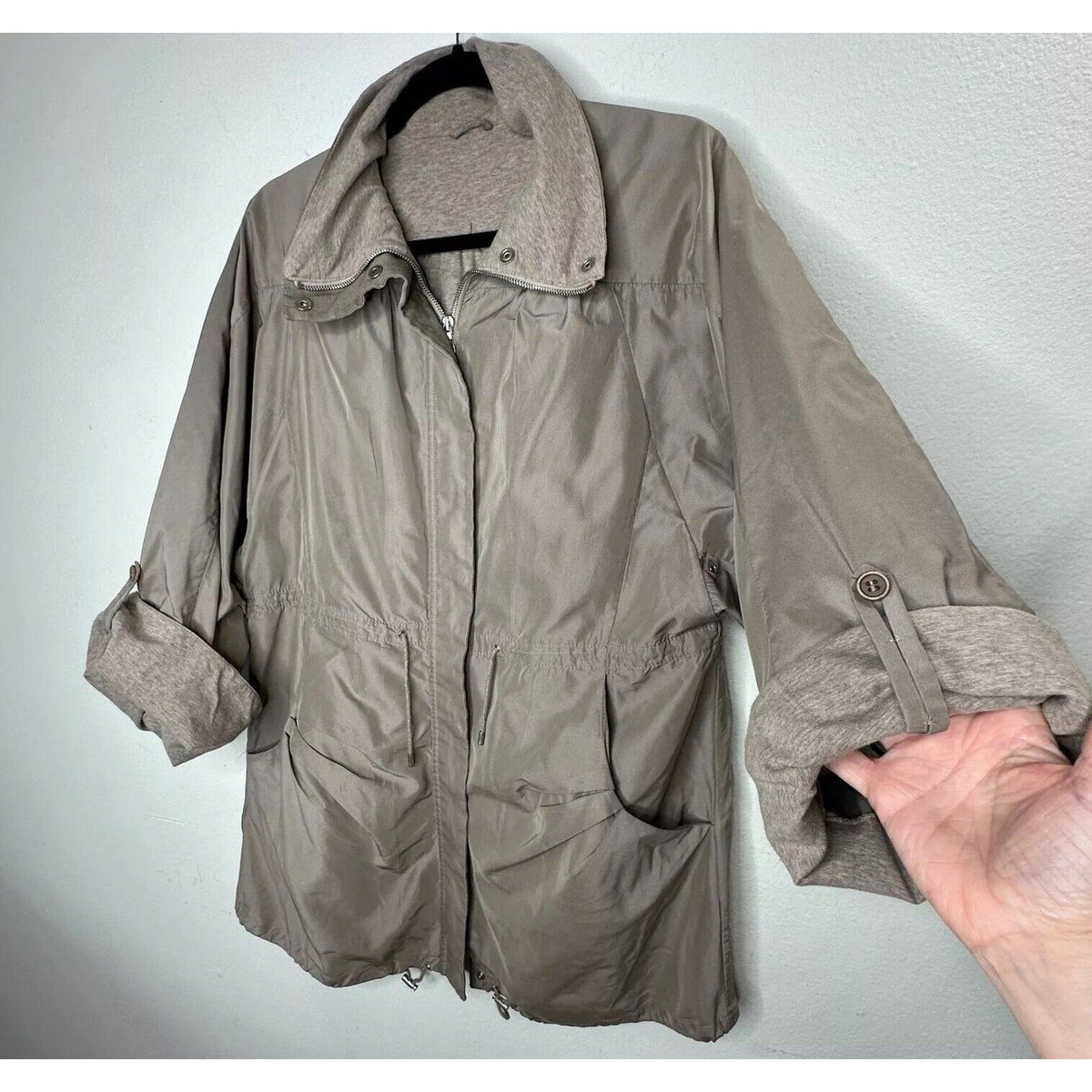 Brunello Cucinelli Taupe Gray Front-Snap Zip Cinch-Waist Windbreaker Jacket 46