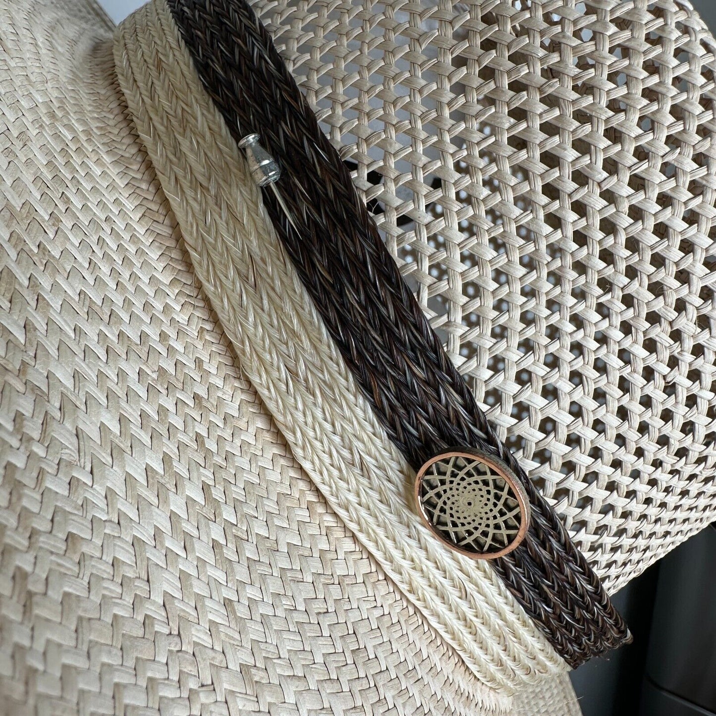 Temple Tan & Brown Basket Weave Rattan Wide Brim Hat Embellished Dark Brown Band