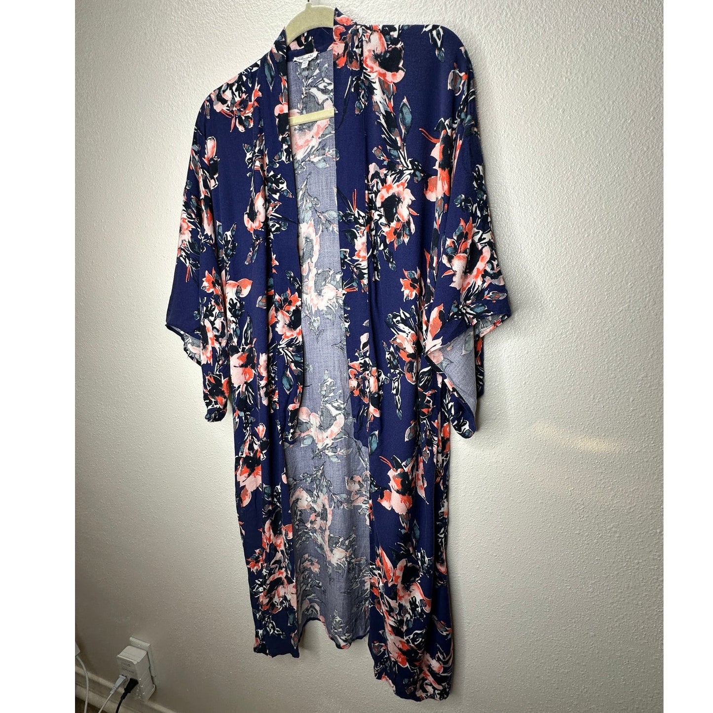 Splendid Navy Orange Ivory Multi Floral Short Sleeve Kimono Duster S