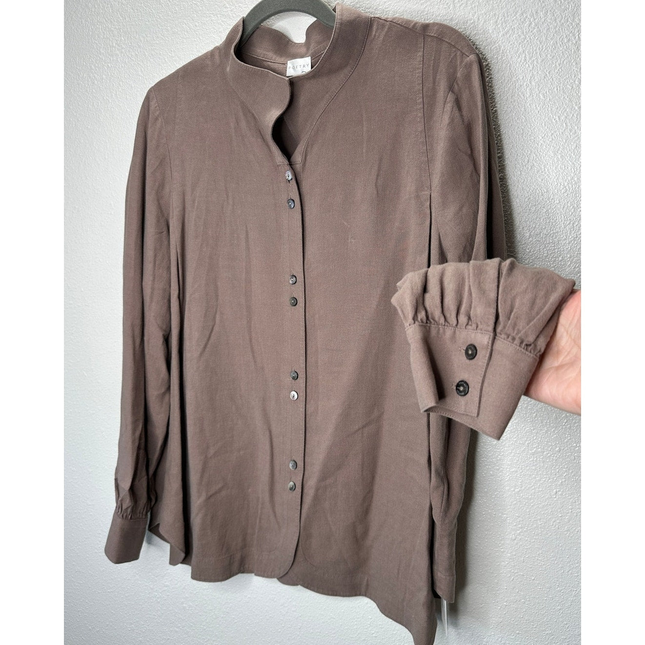 NWT Poetry Nut Brown Funnel Neck Double Button Front Long Sleeve Blouse 12