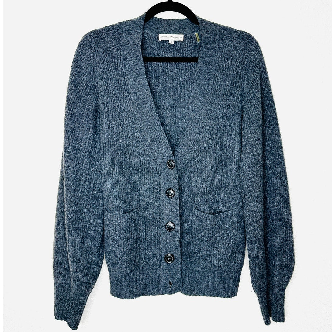 White + Warren Gray Recycled Cashmere Ribbed Button Boyfriend Cardigan S