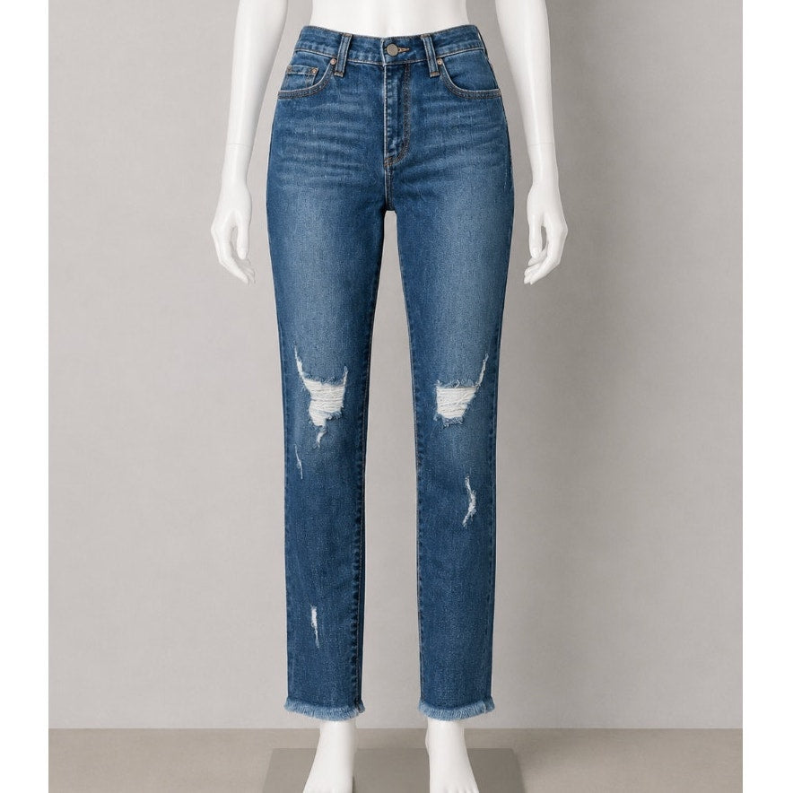 Fashion Nova Smiley High-Rise Distress Knees Jean Medium Blue Wash Raw Hem 7