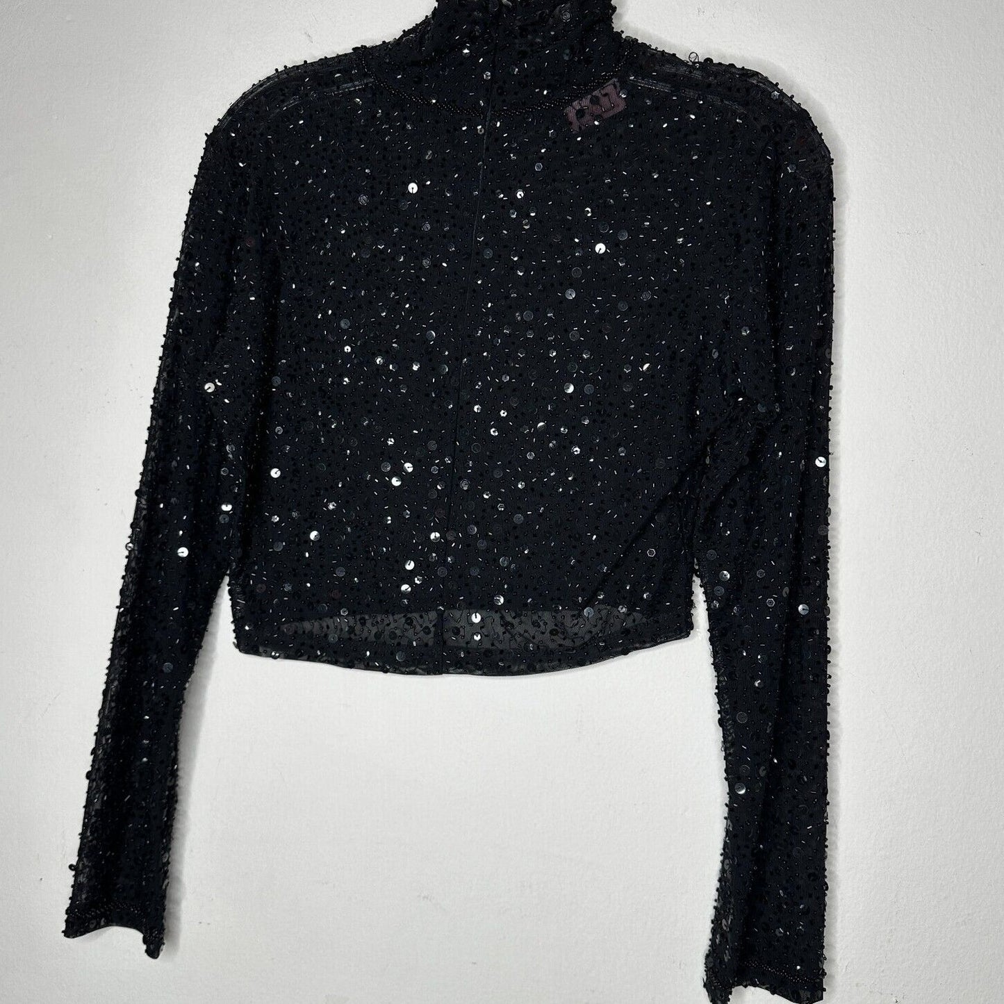Dyspnea Sheer Black Sequin Mesh Mock Neck Long Sleeve Crop Top Hand Beaded Small