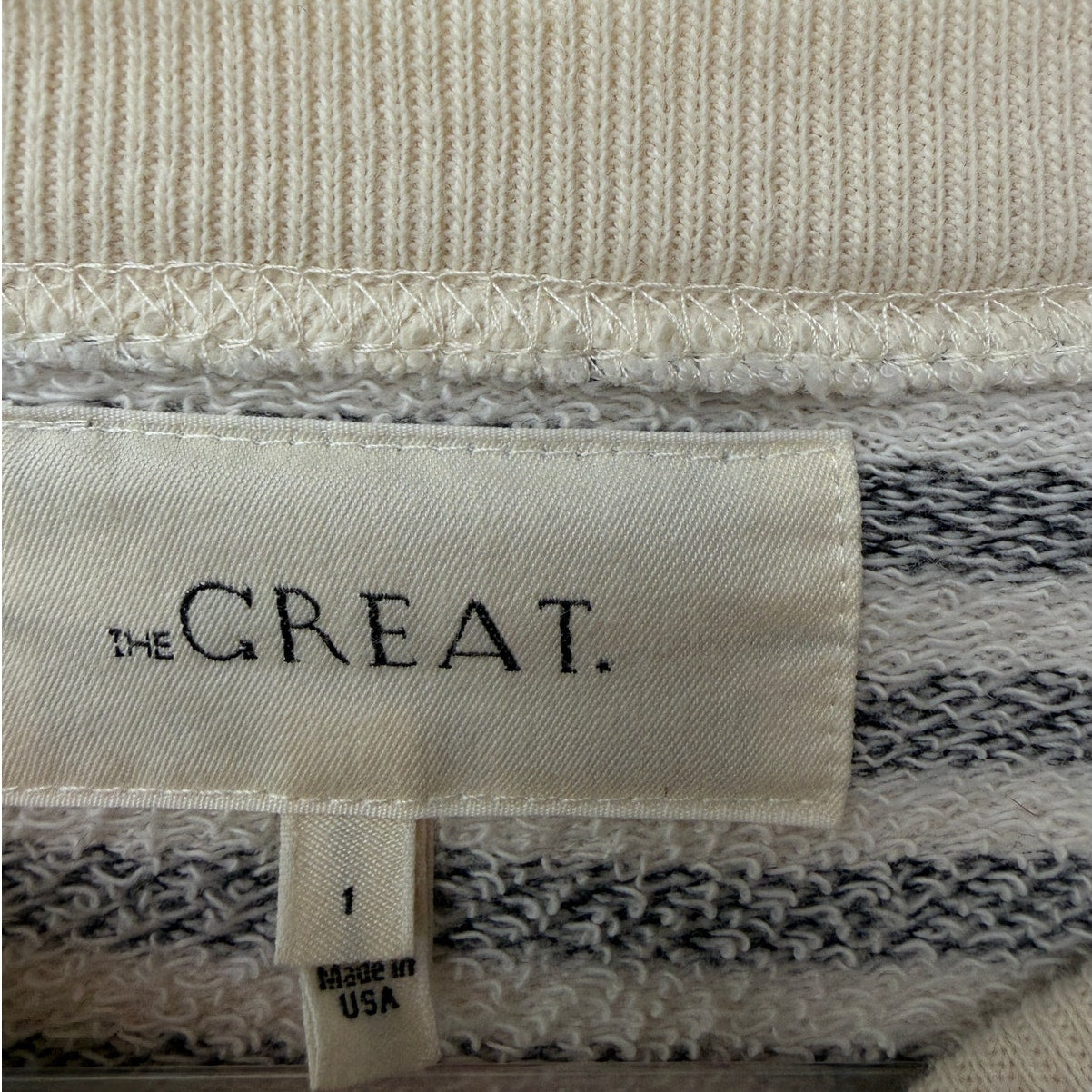 The Great. Black & Cream Striped Pleated Shoulder Sweatshirt Sweater