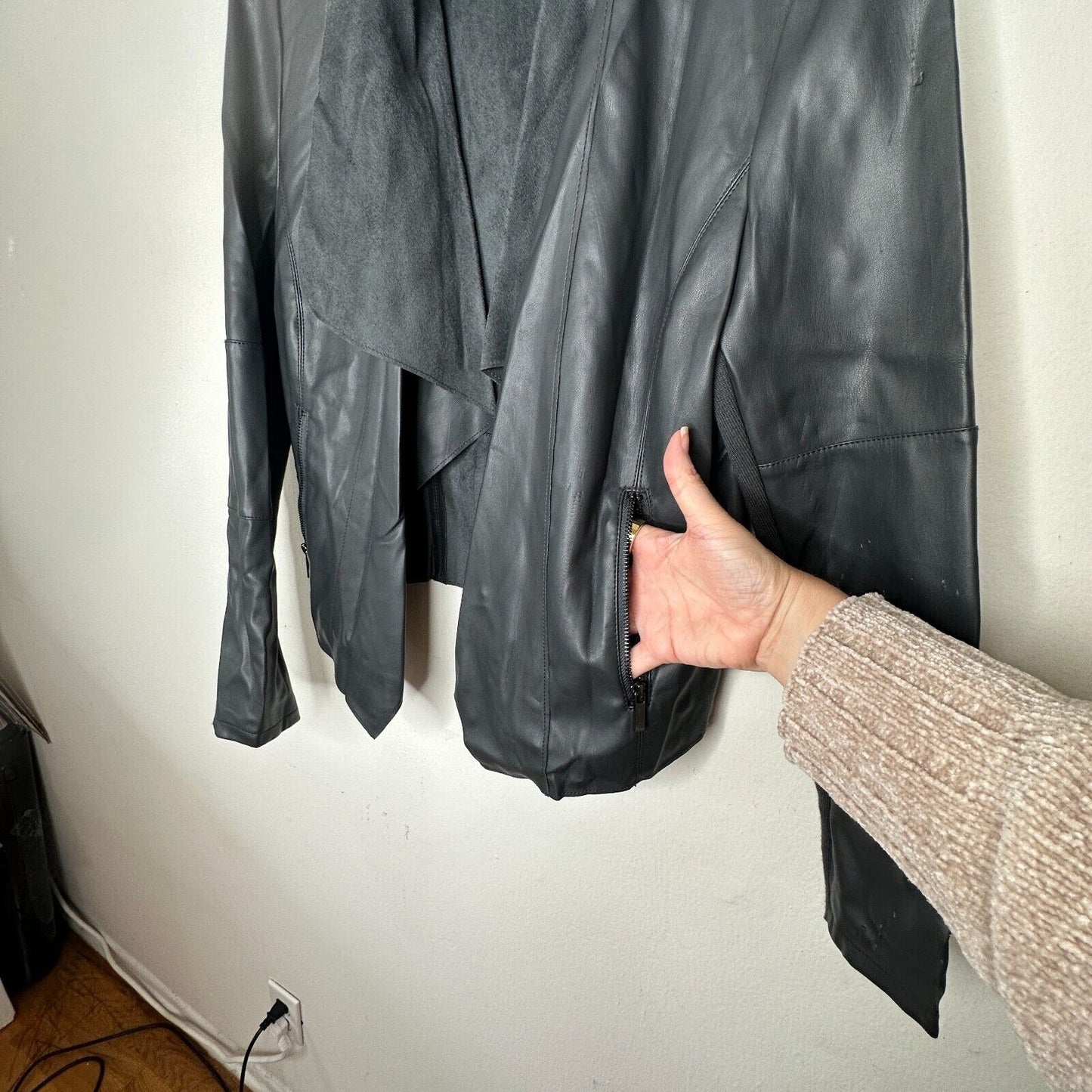 Bagatelle Pewter Gray Faux Leather Open Front Waterfall Jacket Zip Pocket Medium