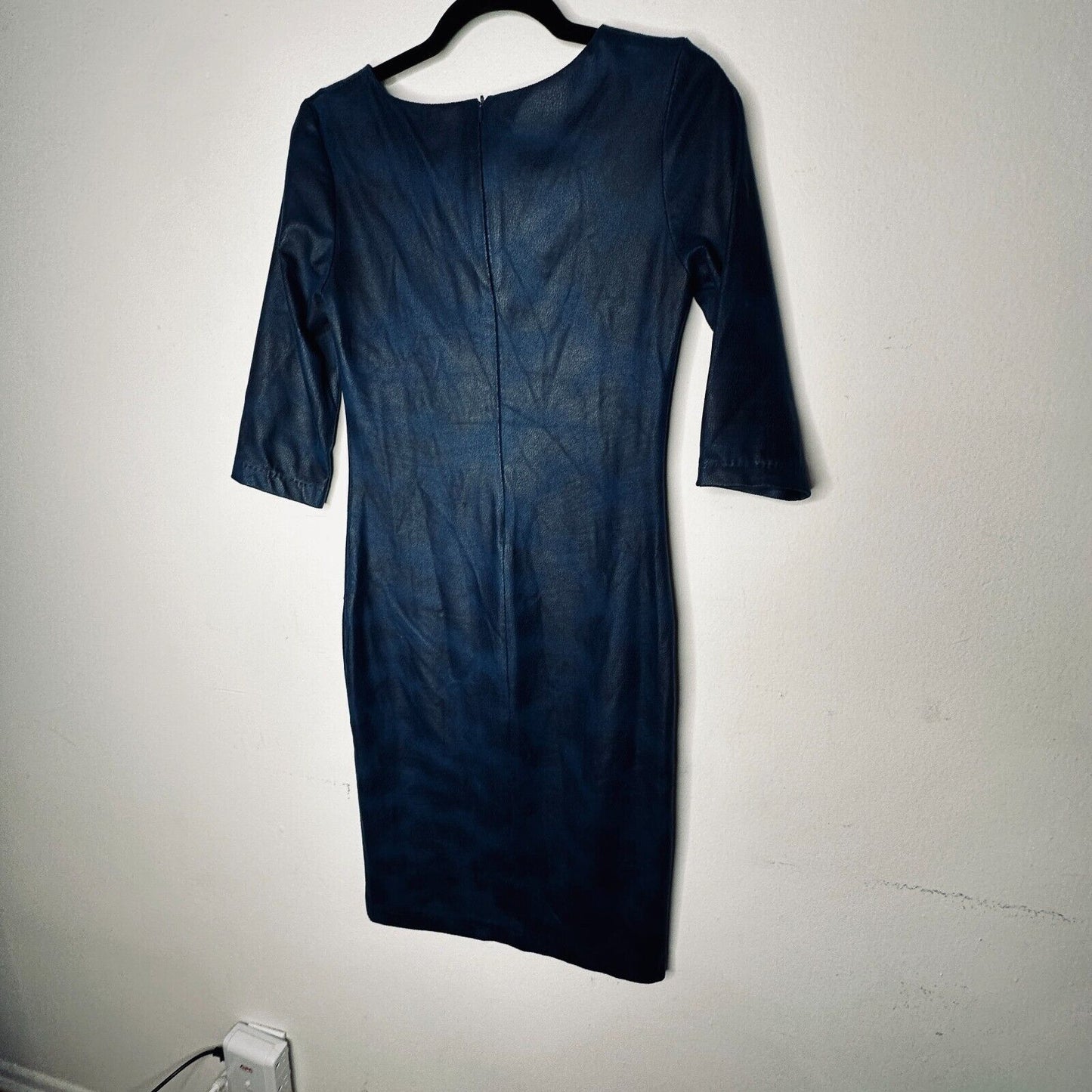 Alexia Klein Blue and Black Print Leather 3/4 Sleeve Round Neck Fitted Dress XS