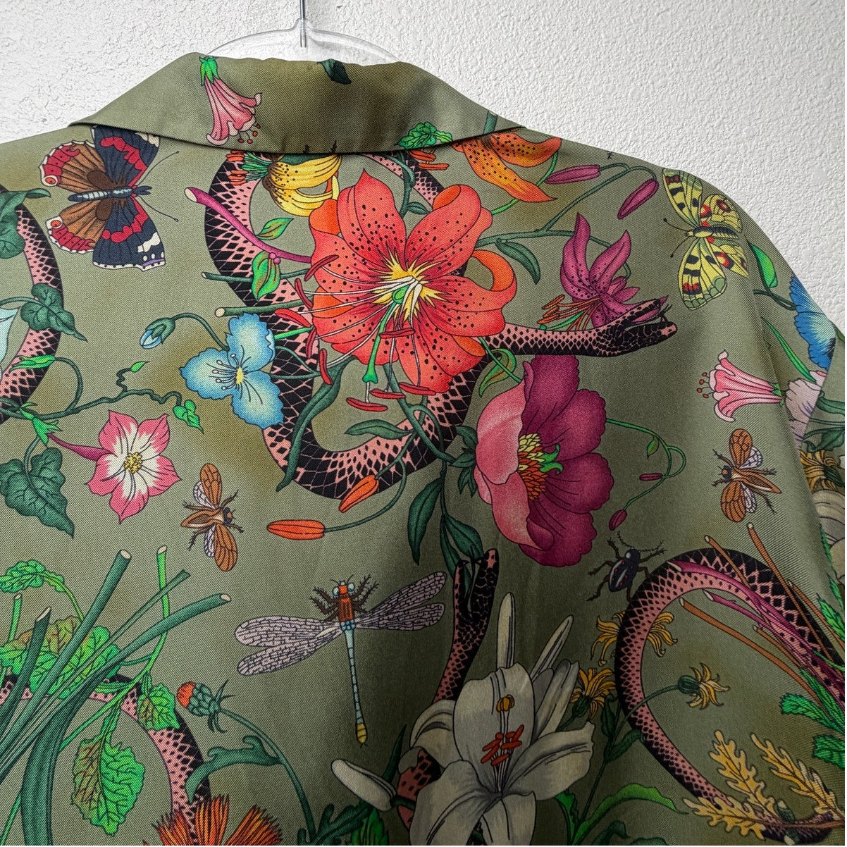 Gucci Olive Flora Snake Silk Camp Shirt Men's US 34