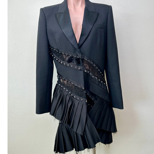 Alexander McQueen FW19 Runway Black Blazer Pleated Lace Jacket Dress L