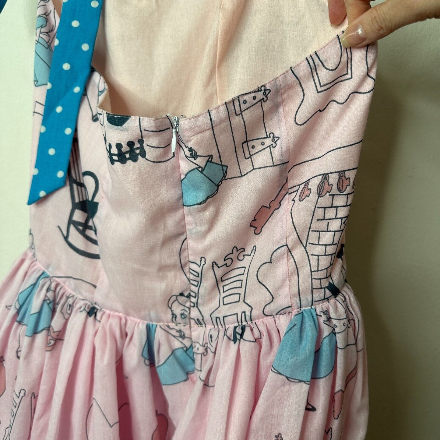Cute Alice In Wonderland Print Pink & Blue Flowy Halter Top Apron Dress Zip SM