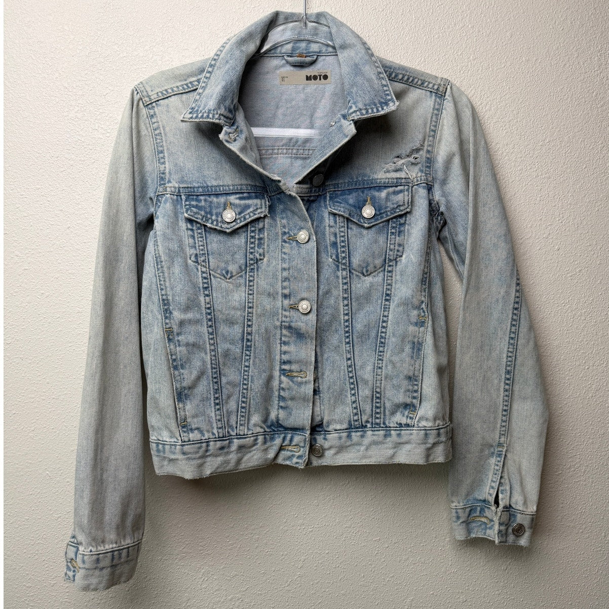 Topshop Moto Light Wash Distressed Denim Jacket Women's 2