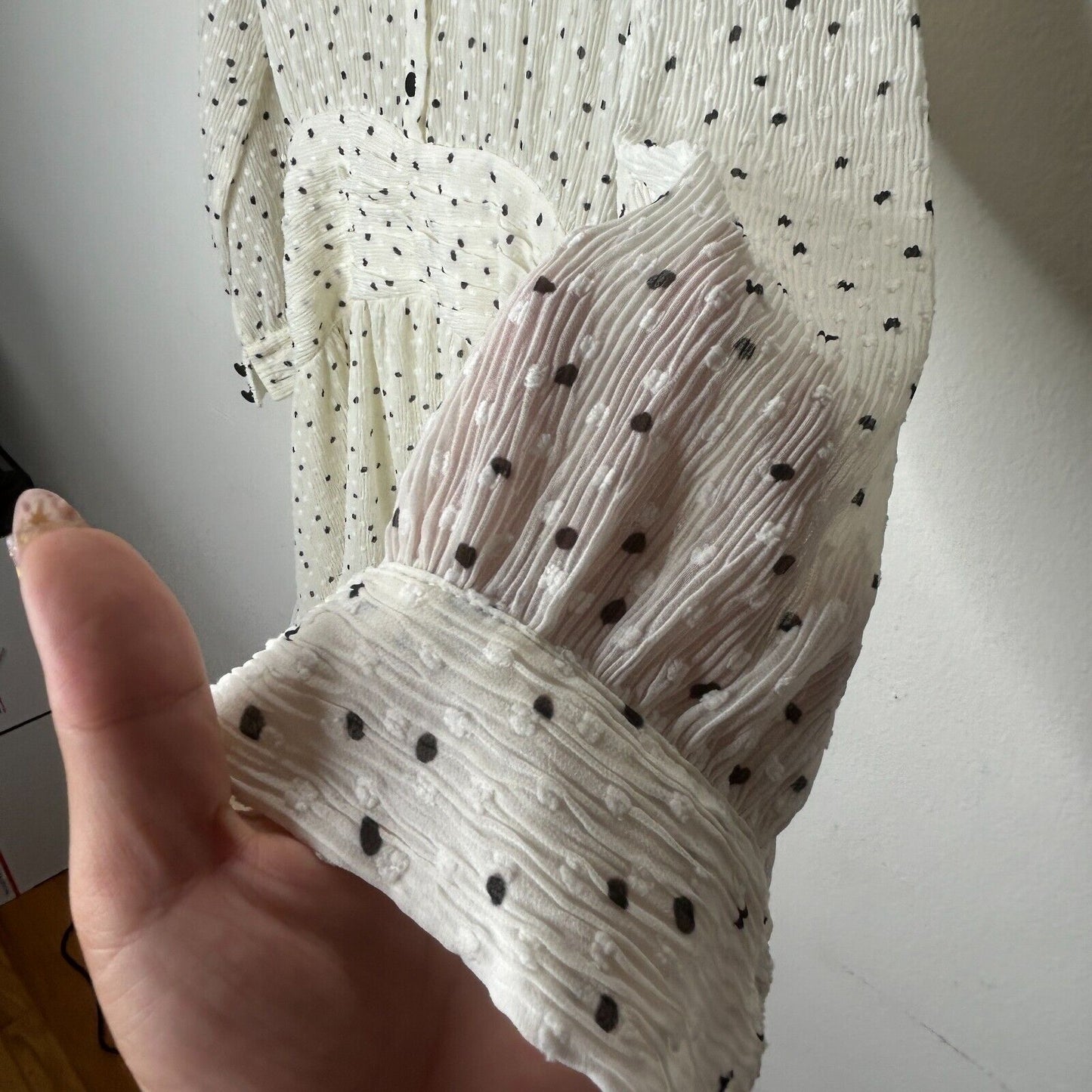 Zara Cream Black Dotted Swiss Long Sleeve 1/2 Button Collared Ruffle Hem Dress