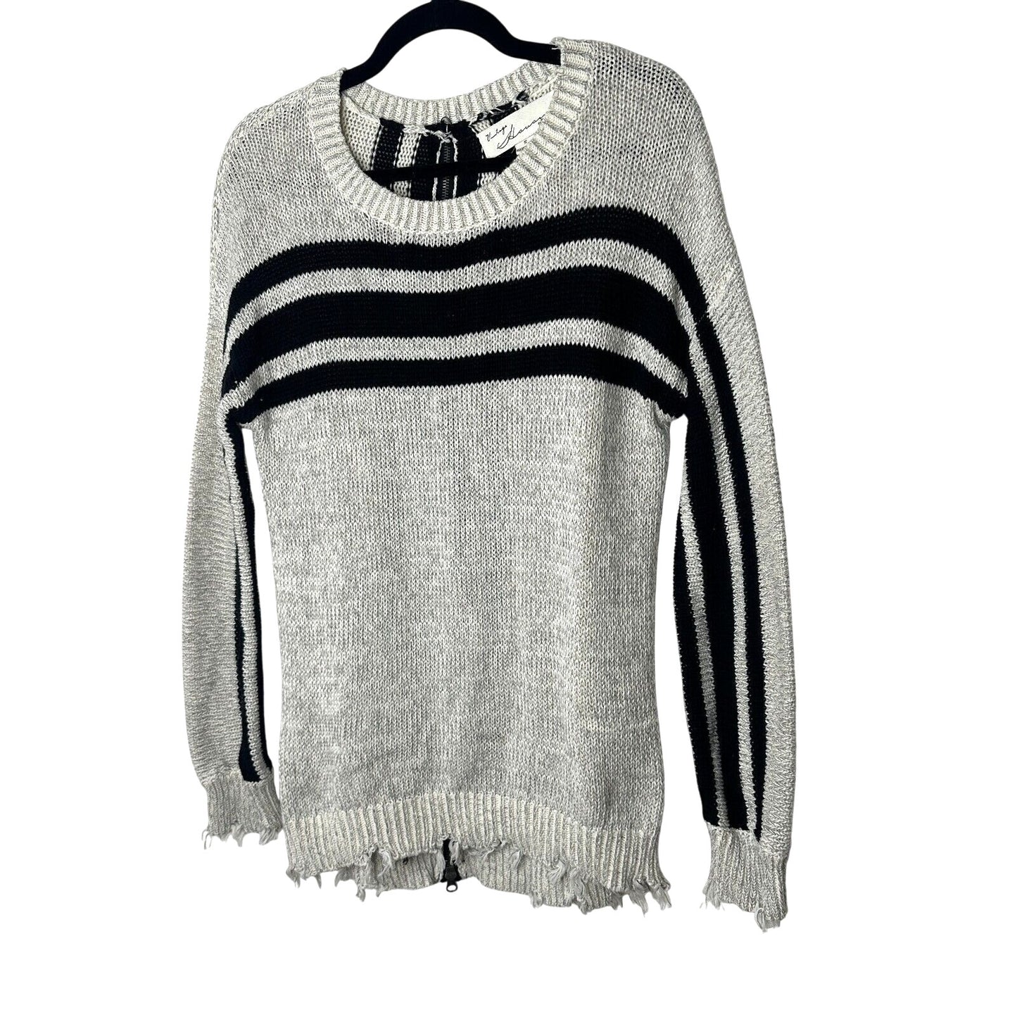 Havana Gray Black Stripe Distressed Long Sleeve Round Neck Sweater Zip Back SM