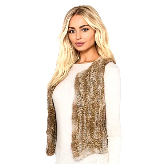525 America Soft Luxe Genuine Rabbit Fur Sleeveless Open Vest Brown Cream Medium