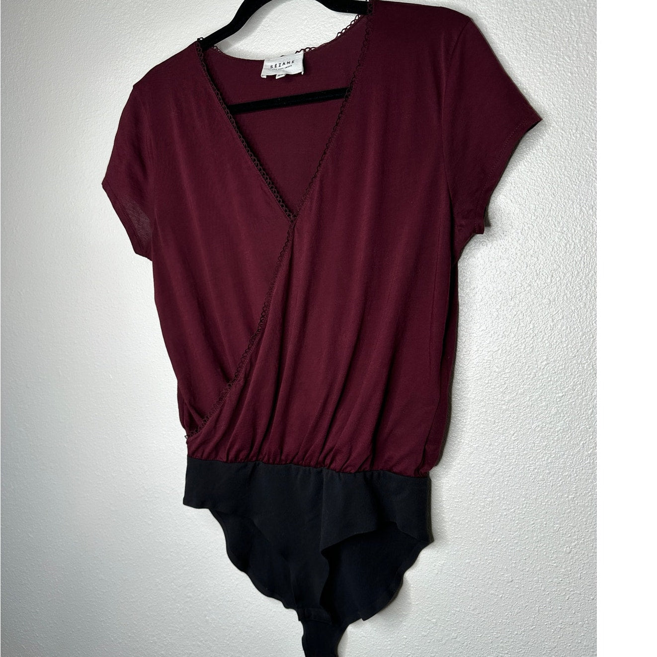 Sezane Burgundy & Black Thibault Bodysuit Crossover Neckline Short Sleeve